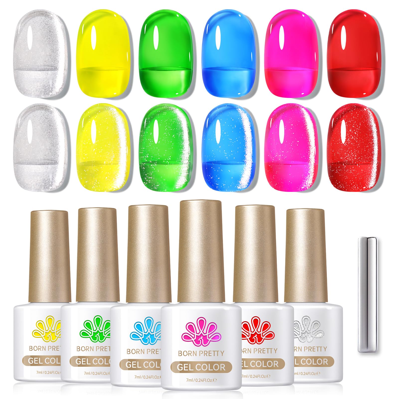 Born Pretty Neon Jelly Gel Nail Polish Glass Crystal Spring Summer Transparent Ice Jelly Gel Polish with Silver Holographic Glitter Cat Magnetic Eye Gel Polish Collection Minicure DIY Gifts 6PCS