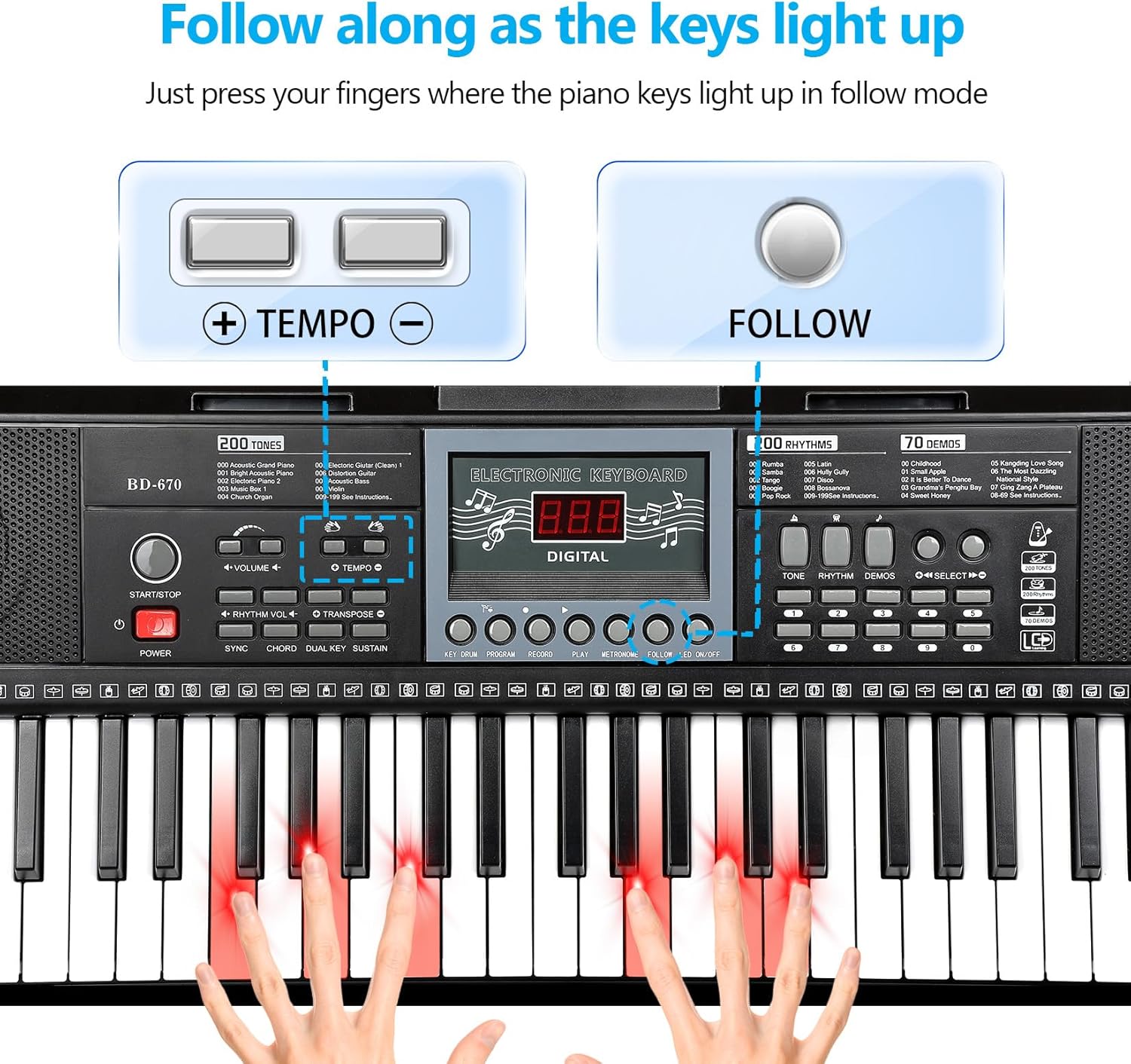 61 Key Keyboard Piano for Beginners w/Stand Bench, Dual Power Mode, Lighted Keys in Follow Mode, 70 Demos, 200 Tones/Rhythms, Pitch Bend Metronome Sustain Sync Chord Dual Key Key Drum Program - Image 2