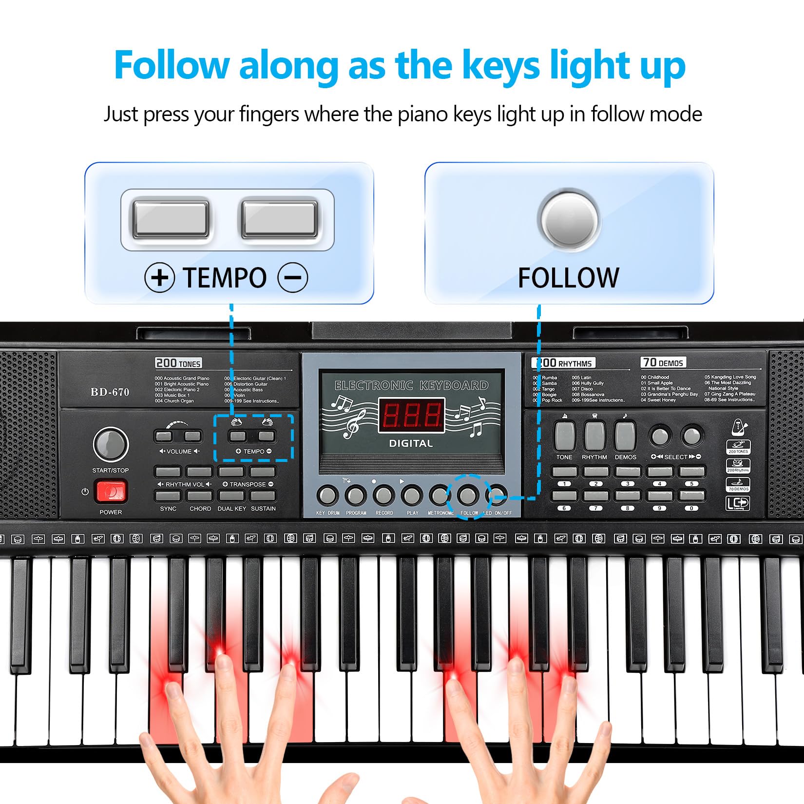 61 Key Keyboard Piano for Beginners with Stand Bench, Lighted Keys in Follow Mode, 70 Demos, 200 Tones/Rhythms, Pitch Bend, Metronome, Sustain, Sync, Chord, Dual Key, Key Drum, Program