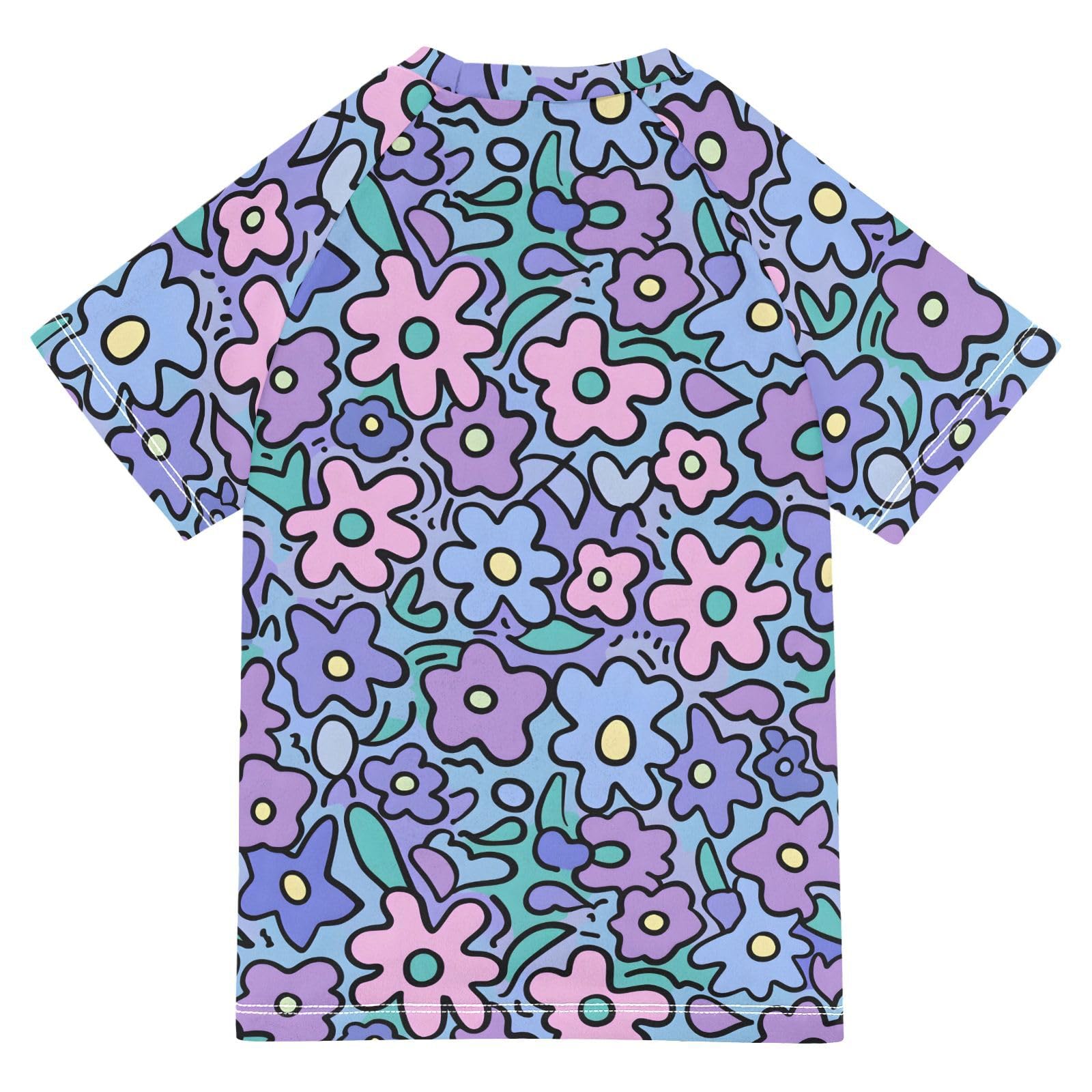 ALAZA Kids Rash Guard Boys Toddler Swim Shirts Short Sleeve Purple Flowers Cartoon UPF 50+ 3T
