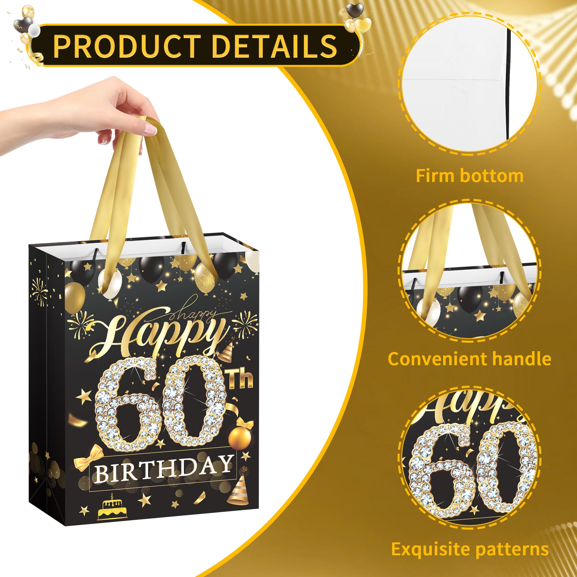 Icanstand Geschenktüte Zum 60. Geburtstag – Goldfolie Design Mit Grußkarte, Umschlag & Seidenpapier, 33 Cm