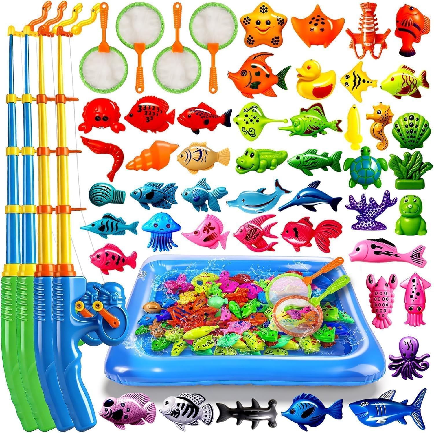 XXXL Magnetic Fishing Set 56 Pcs with 4 Fishing Rods and Pool – Water Toy for 4 Children Holiday Set – Ideal for Beach, Camping and Garden – Complete Outdoor Set