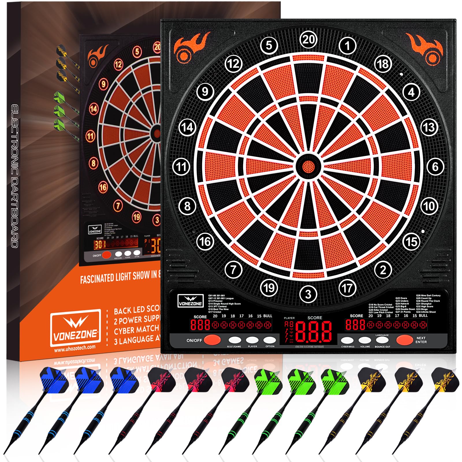 Electronic Dartboard, Electric Dart Boards for Adults,Electronic Scoreboard, Light-Up Led Display, 12 Darts Soft Tip Professional Dart Board and Extra Tips, Up to 8 Players