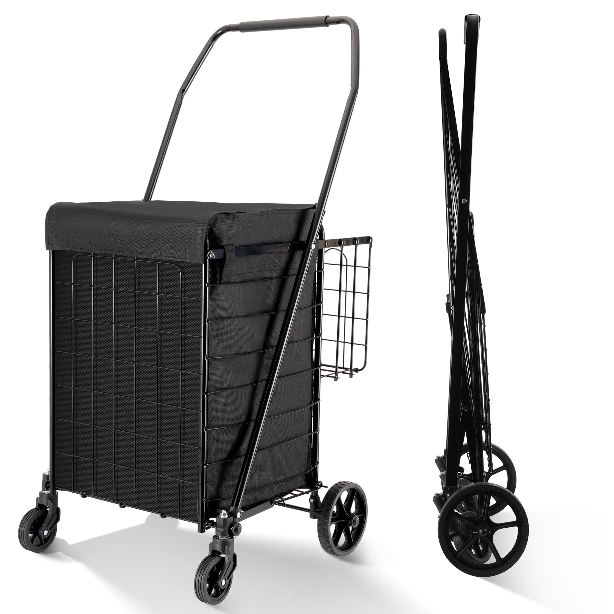Folding Shopping Cart with Waterproof Liner, Grocery Cart Large Bag with Top Cover, 200 Lb Capacity, Utility Cart with 360° Rolling Swivel Wheels, Medium & Extra Basket