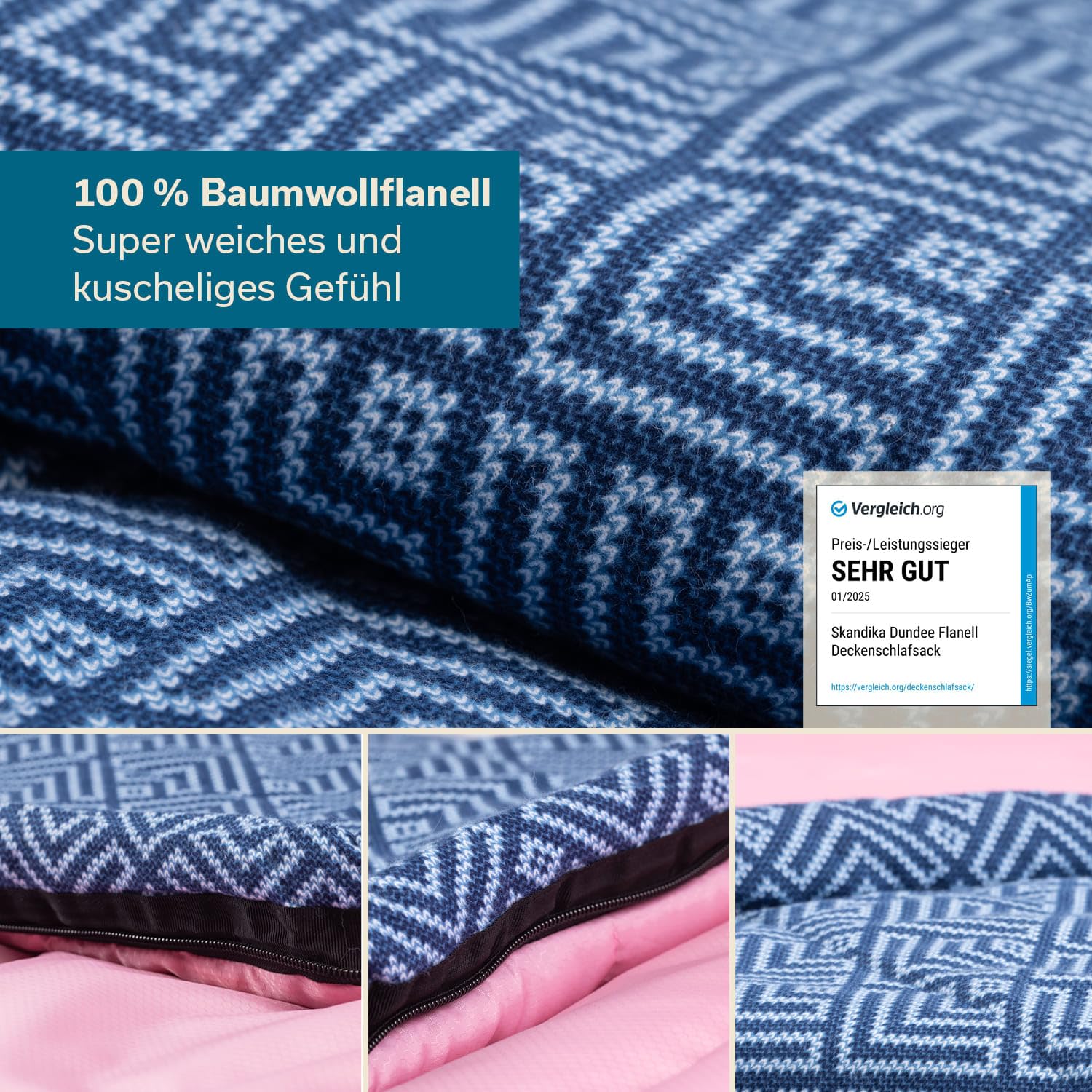 Skandika Deckenschlafsack Dundee Flanell | Baumwolle, Luxus-Qualität, koppelbar, Doppelschlafsack, 3 Jahreszeiten, bis -20°C, 220 x 80 cm/ 220 x 160 cm | Outdoor Camping Schlafsack