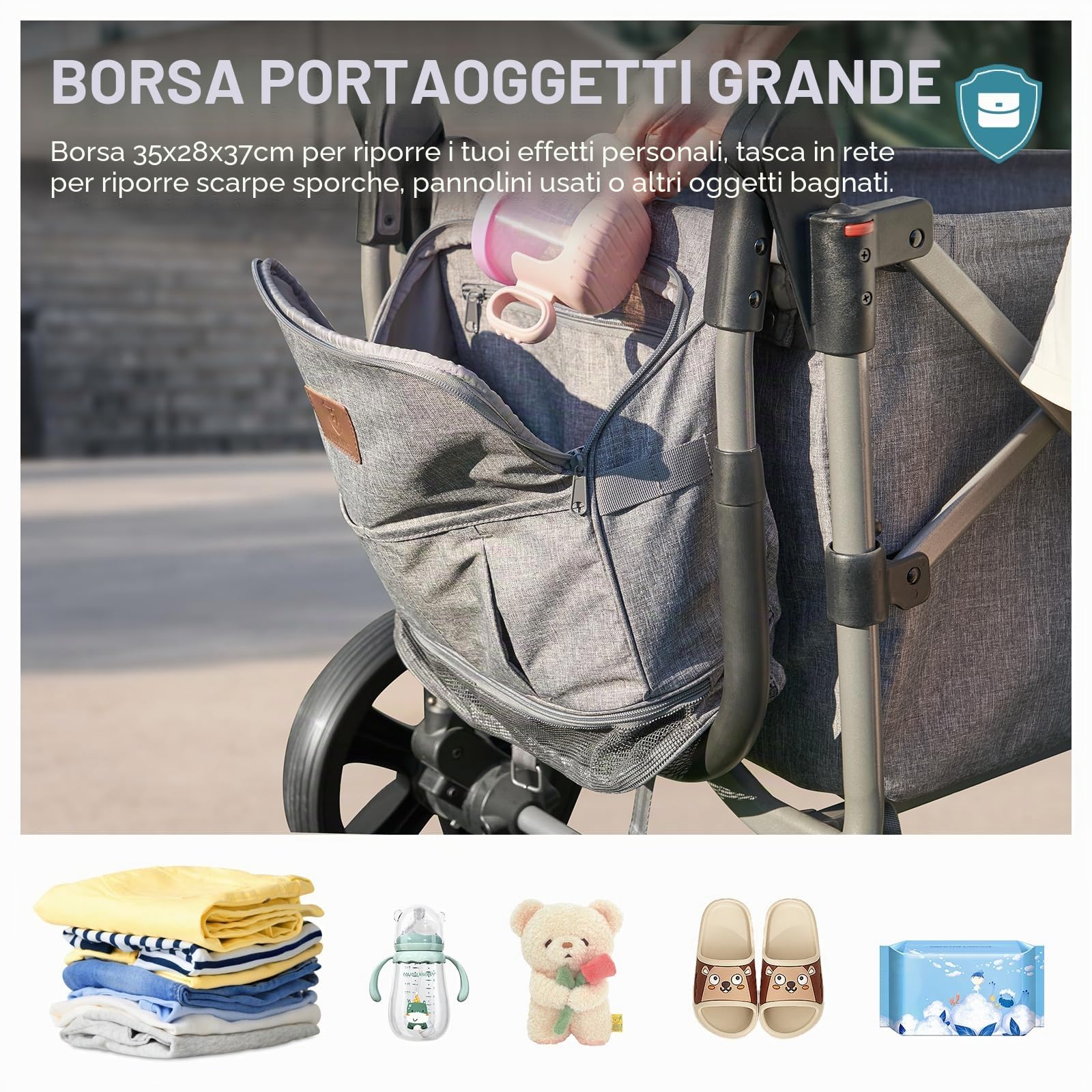 EVER ADVANCED Passeggino pieghevole per bambini con tetto, cintura di sicurezza 2x5 punti, carrello di trasporto con zaino, freno a pedale, capacità 50KG