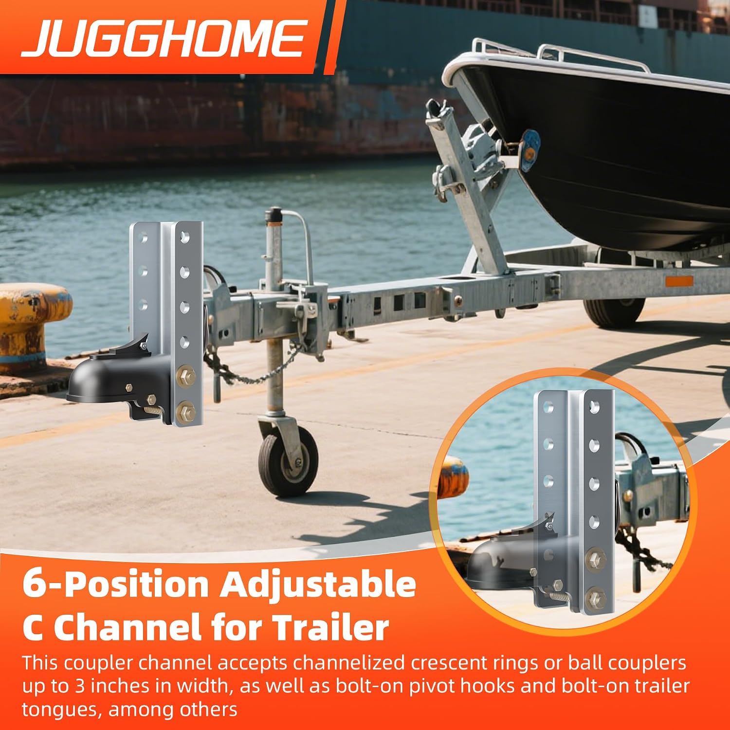 Channel Trailer Coupler,5-Position Adjustable Lunette Ring or C Channel for Trailer,Heavy Duty Steel Channel Bracket, 3-Inch ID x 11-3/4-Inch, 2-in Bolt Pattern