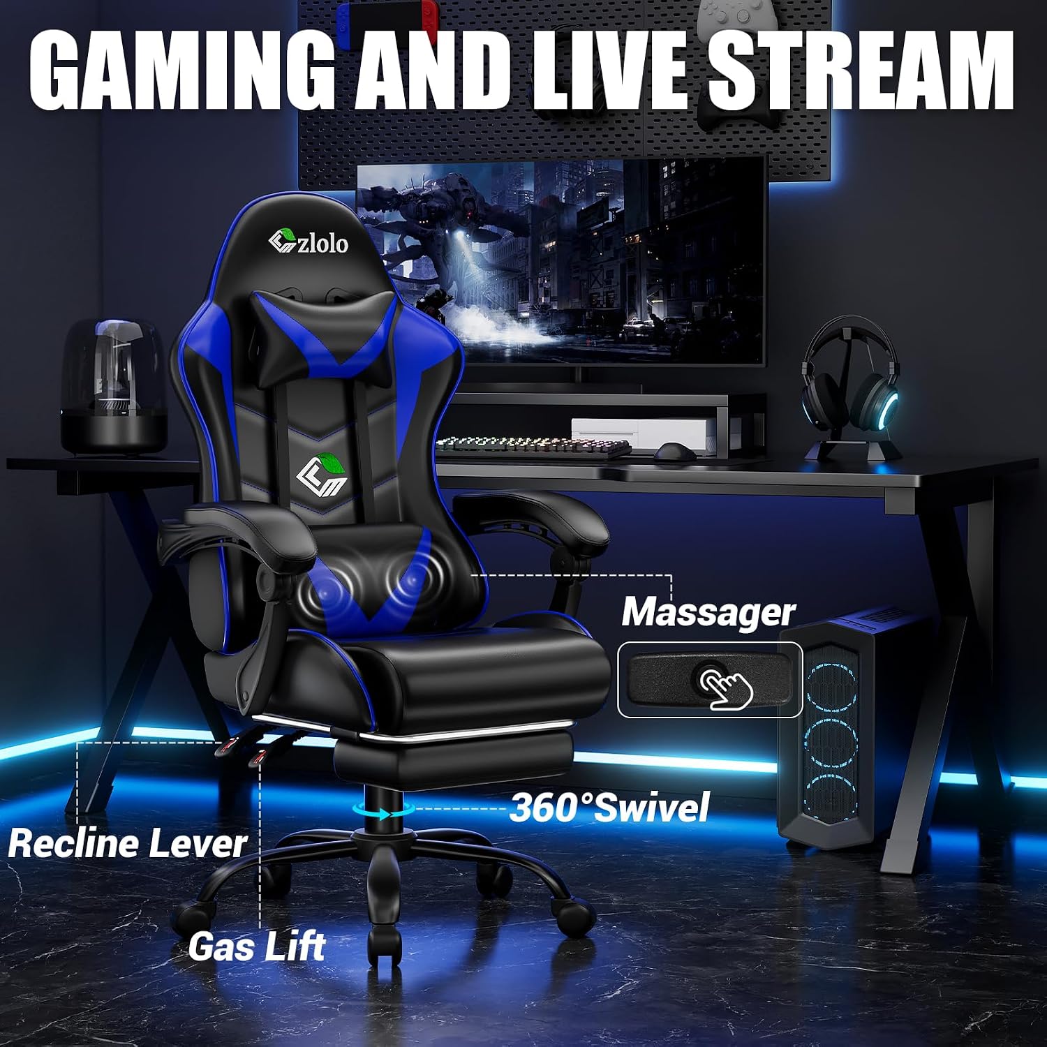 Gaming Chair with Footrest Racing Style Lumbar Support Massager Video Game Chair with Metal Legs, High Back Reclining Gamer Chair with Headrest, 360° Swivel Office Computer Desk Chair (Blue) - 4