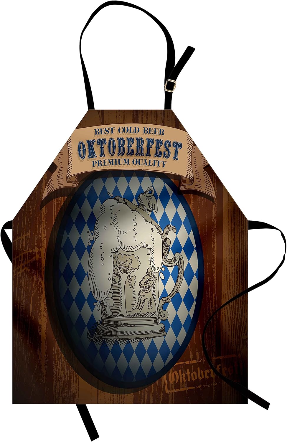 Lunarable Oktoberfest Apron, Best Cold Beer Oktoberfest Premium Quality Classic Advertising Illustration, Unisex Kitchen Bib with Adjustable Neck for Cooking Gardening, Adult Size, Brown Blue
