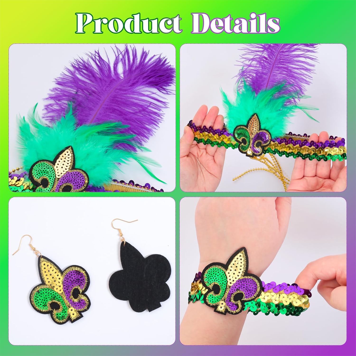 3 Pcs Mardi Gras Costume Accessories Set Feather Headband Bracelets Fleur de Lis Earrings for Women Carnival Masquerade Mardi Gras Outfit for Party Parade Dress Up Multi - Image 3