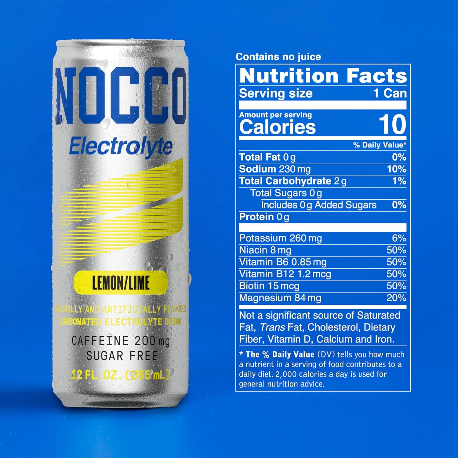 NOCCO Zero Sugar Electrolyte Drink, Lemon/Lime - 12 Fl Oz (Pack of 12) - 200mg Caffeine, Sugar Free with Electrolytes, Carbonated & Low Calorie, B Vitamins, Grab & Go Performance Drink
