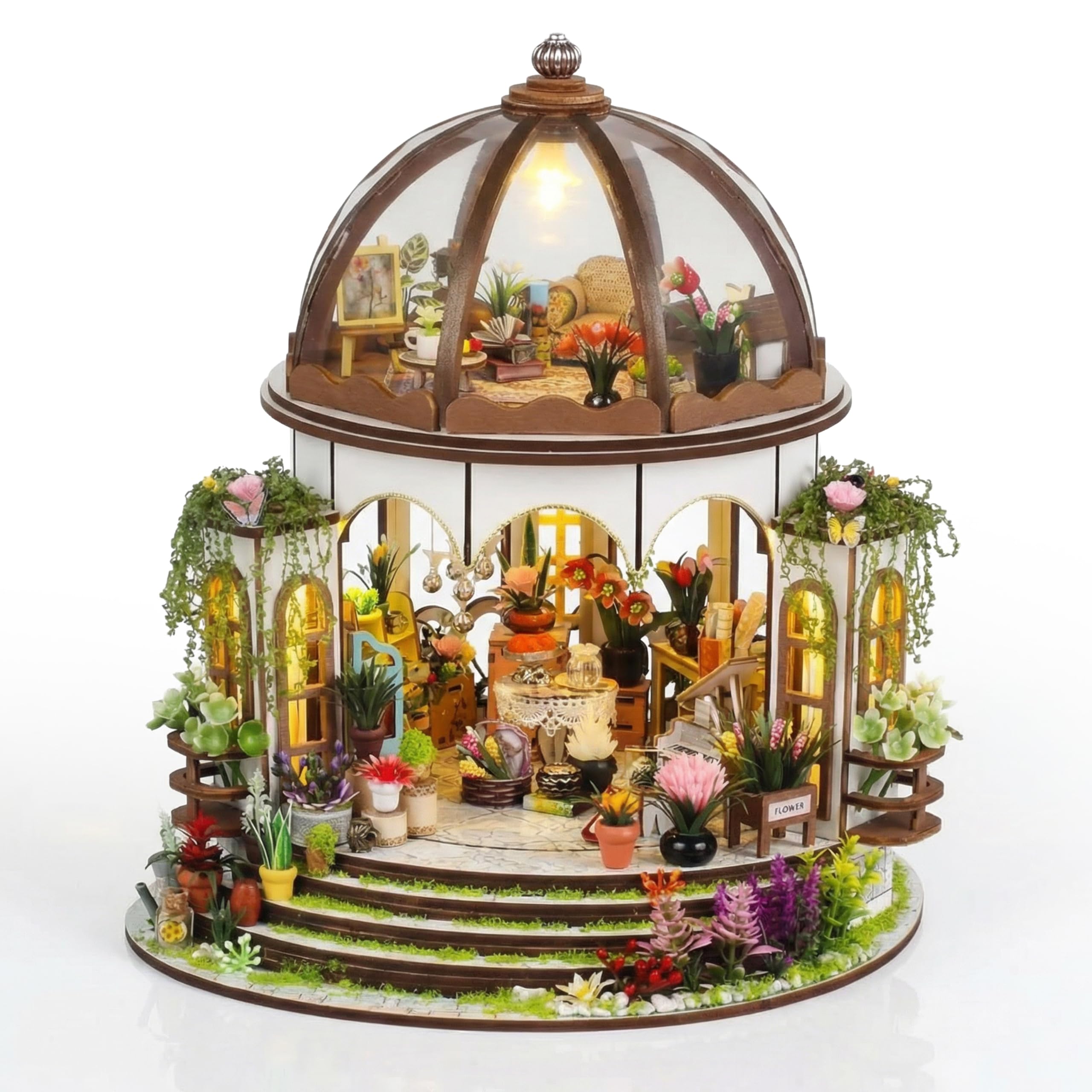 Crafts&Co® Casa en Miniatura DIY | Maqueta con Iluminación LED | Kit de Construcción 405 Piezas para Adultos | Casa de Muñecas para Montar con Accesorios y Herramientas | 25,5 x 21,5 x 24,5 cm