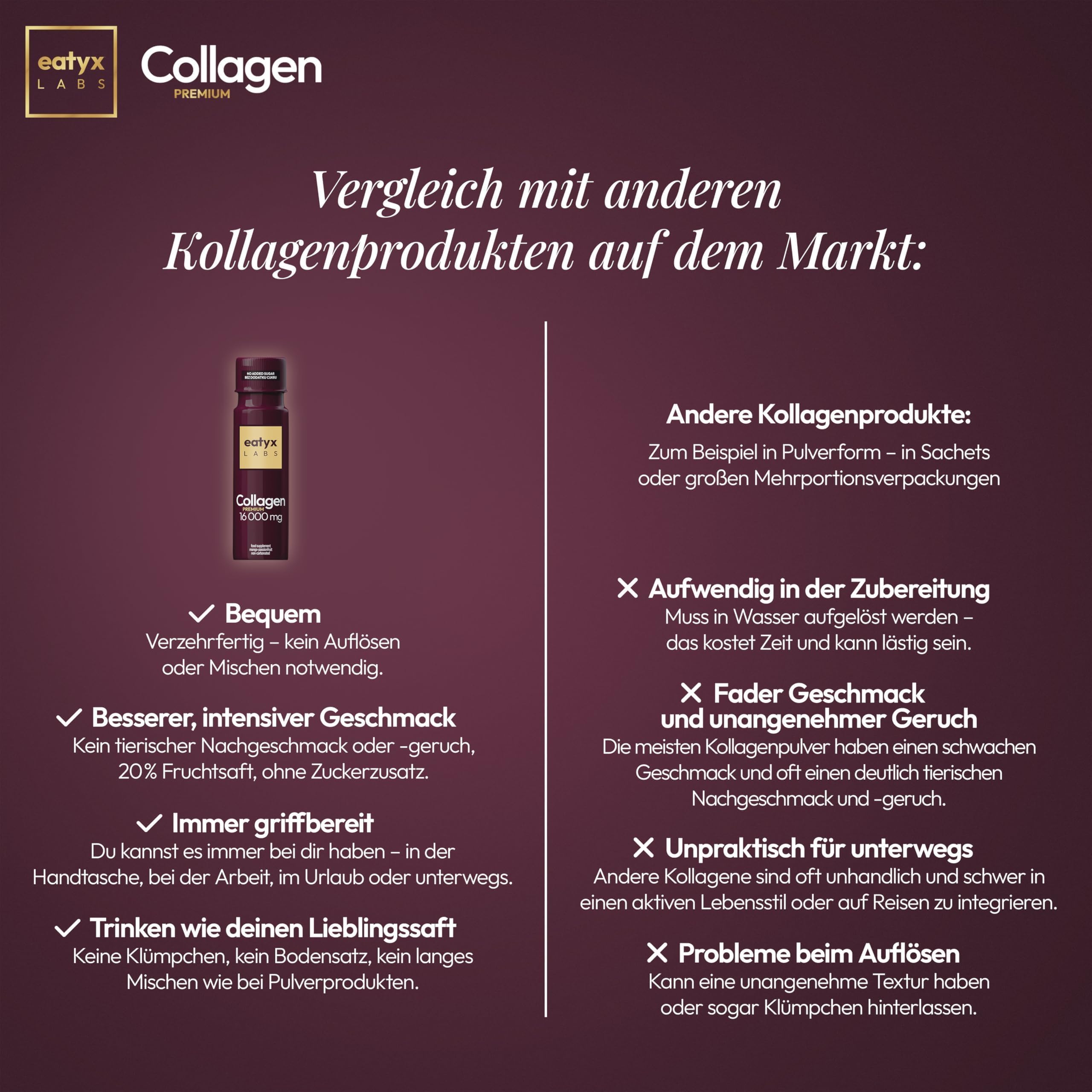 eatyx LABS Collagen Premium 30 Shots - Monatskur mit 16.000 mg Kollagen pro Portion - Flüssiges Trinkkollagen - Mango Maracuja - Glutenfrei, ohne Zuckerzusatz