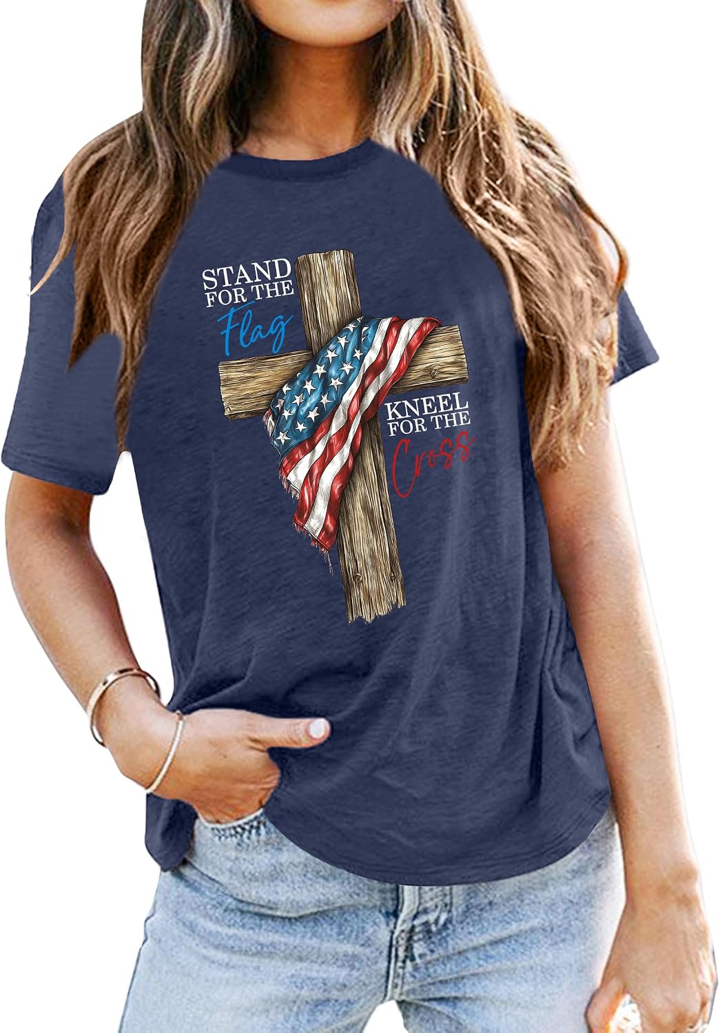 Ithalt Christian Tshirt Womens 4th of July Shirt American Flag T Shirt USA Patriotic Tees Faith Short Sleeve Tops