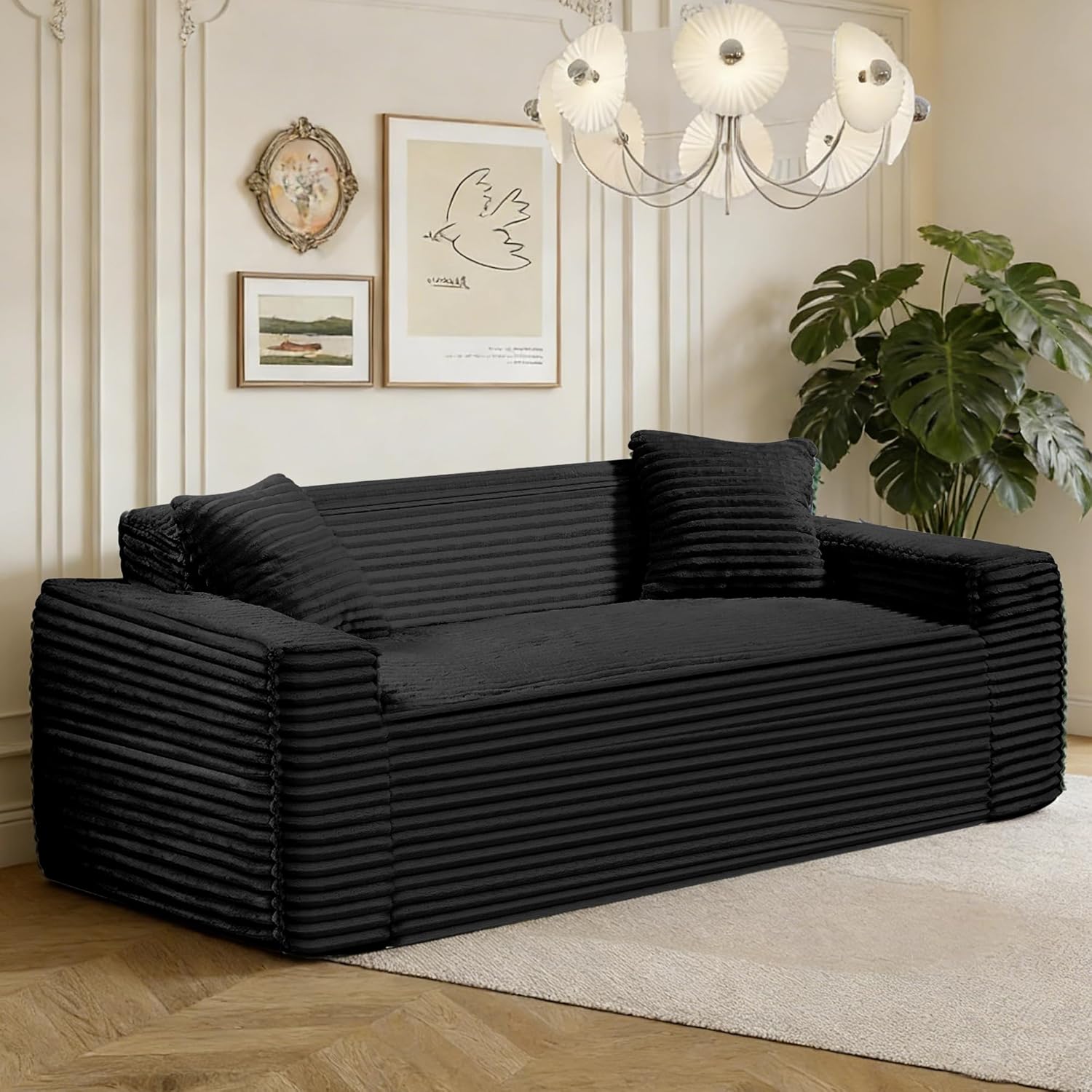 75" Cloud Loveseat Sofa, 26" Deep Seat Boneless Couches for Living Room, Modern 3 Seater Sofa with Throw Pillows, Corduroy Compression Sofa in Box, No Assembly Couch for Bedroom, Dorm, Black