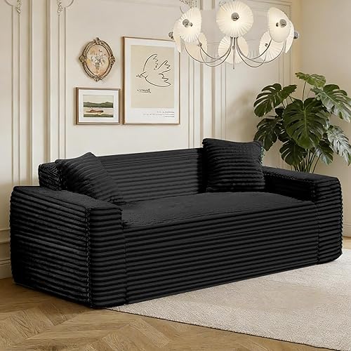 75" Cloud Loveseat Sofa, 26" Deep Seat Boneless Couches for Living Room, Modern 3 Seater Sofa with Throw Pillows, Corduroy Compression Sofa in Box, No Assembly Couch for Bedroom, Dorm, Black
