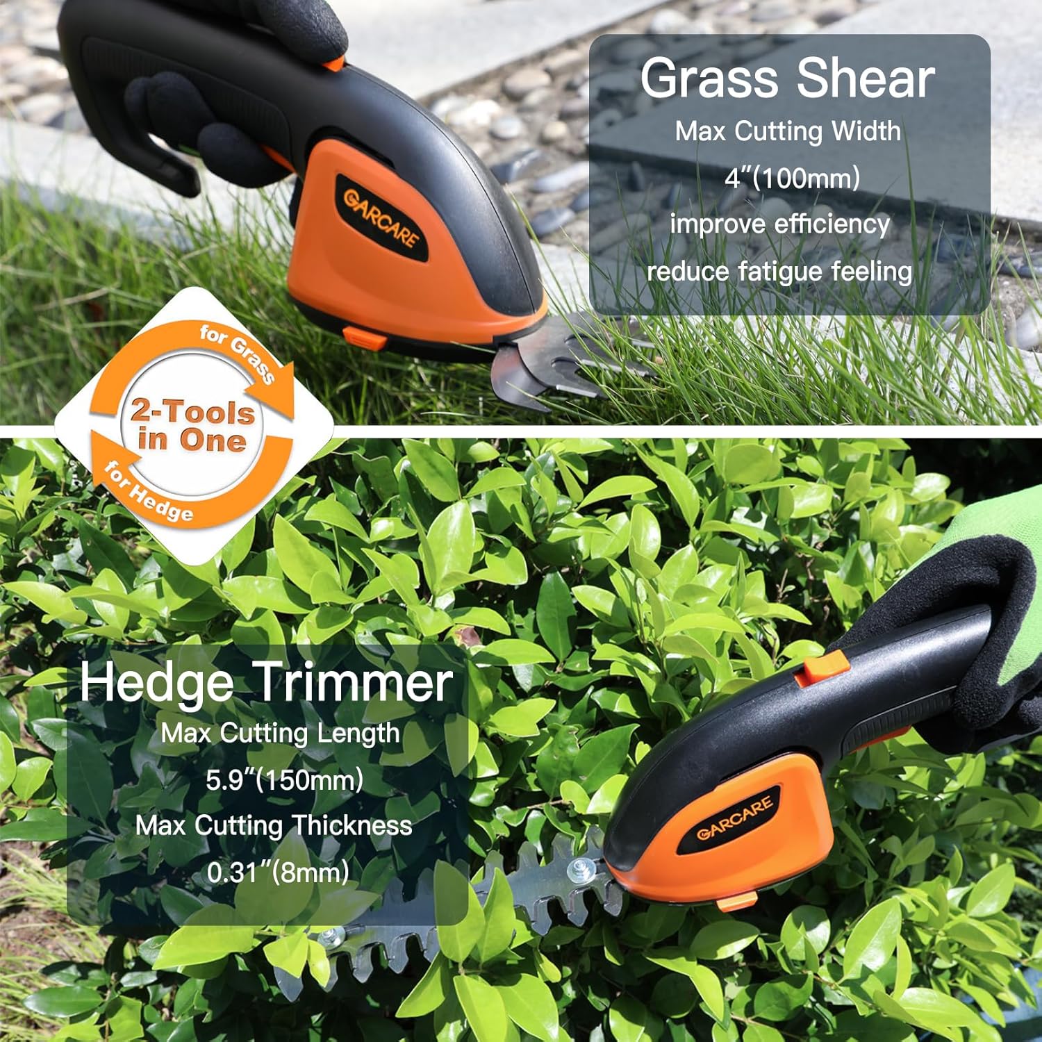 GARCARE 2-in-1 Cordless Grass Shear & Hedge Trimmer, 7.2V 2000mAh Li-ion Battery, Type-C Charging, Lightweight for Lawn, Shrubs, Patio