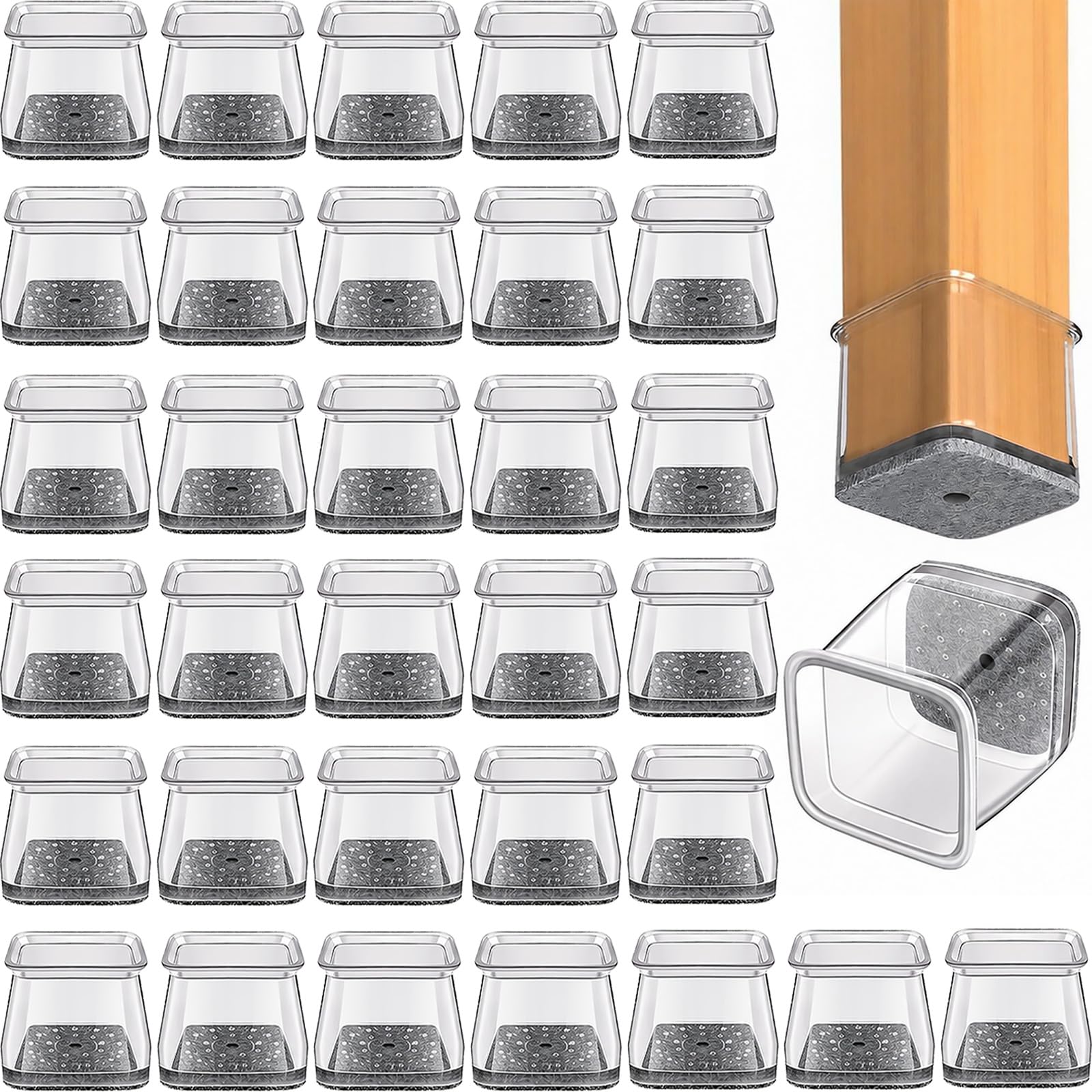 Wosyoodo 32 Pcs Chair Leg Floor Protectors Square, Silicone Chair Feet with Felt Pads, Floor Protectors for Hardwood Floors, No Scratches and No Noise (Fit 36-46mm)