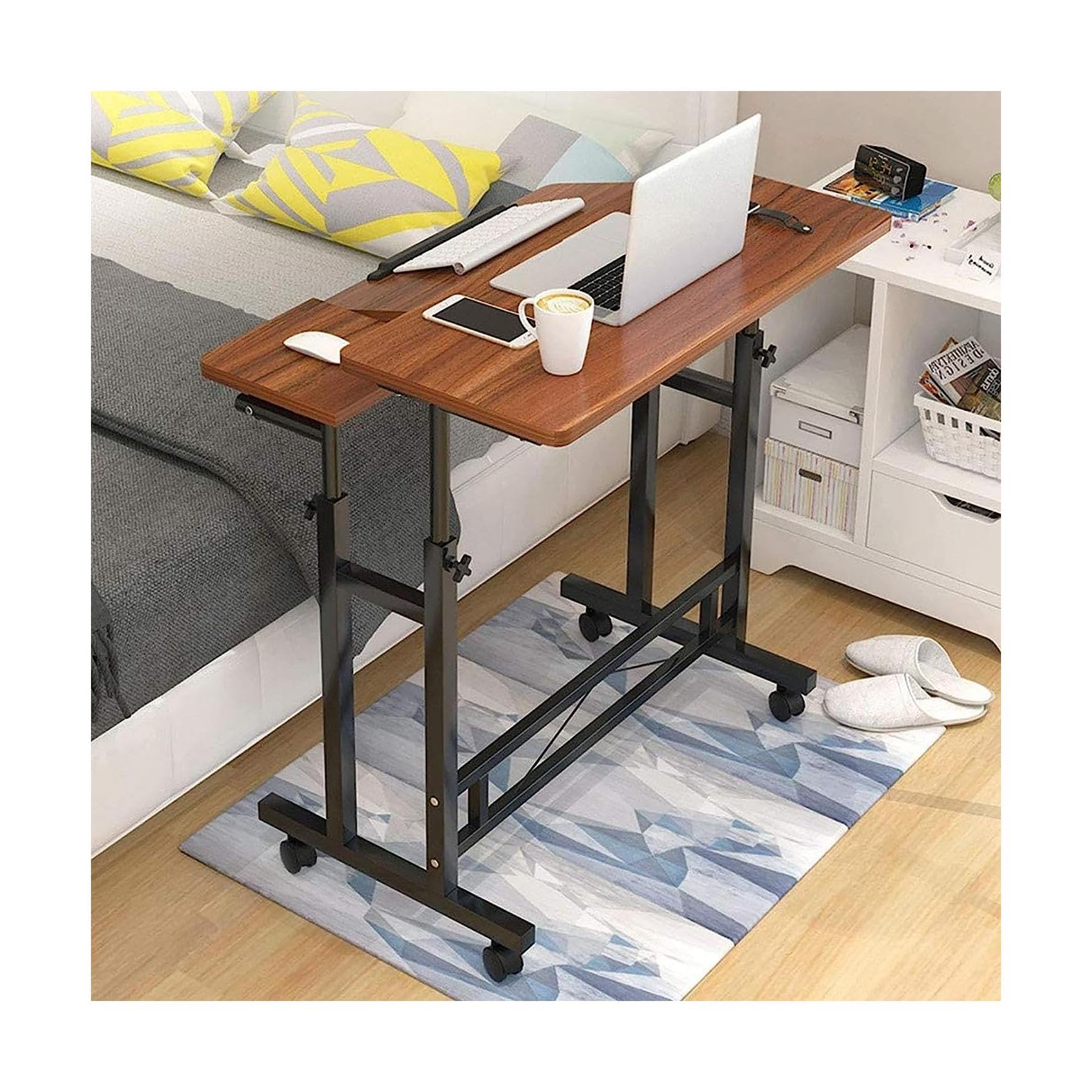 MYUYEE Overbed Table Adjustable Mobile Desk Standing Desk Work Desk With Castors Lifting Computer Desk Overbed Bed Side Table,A (D)