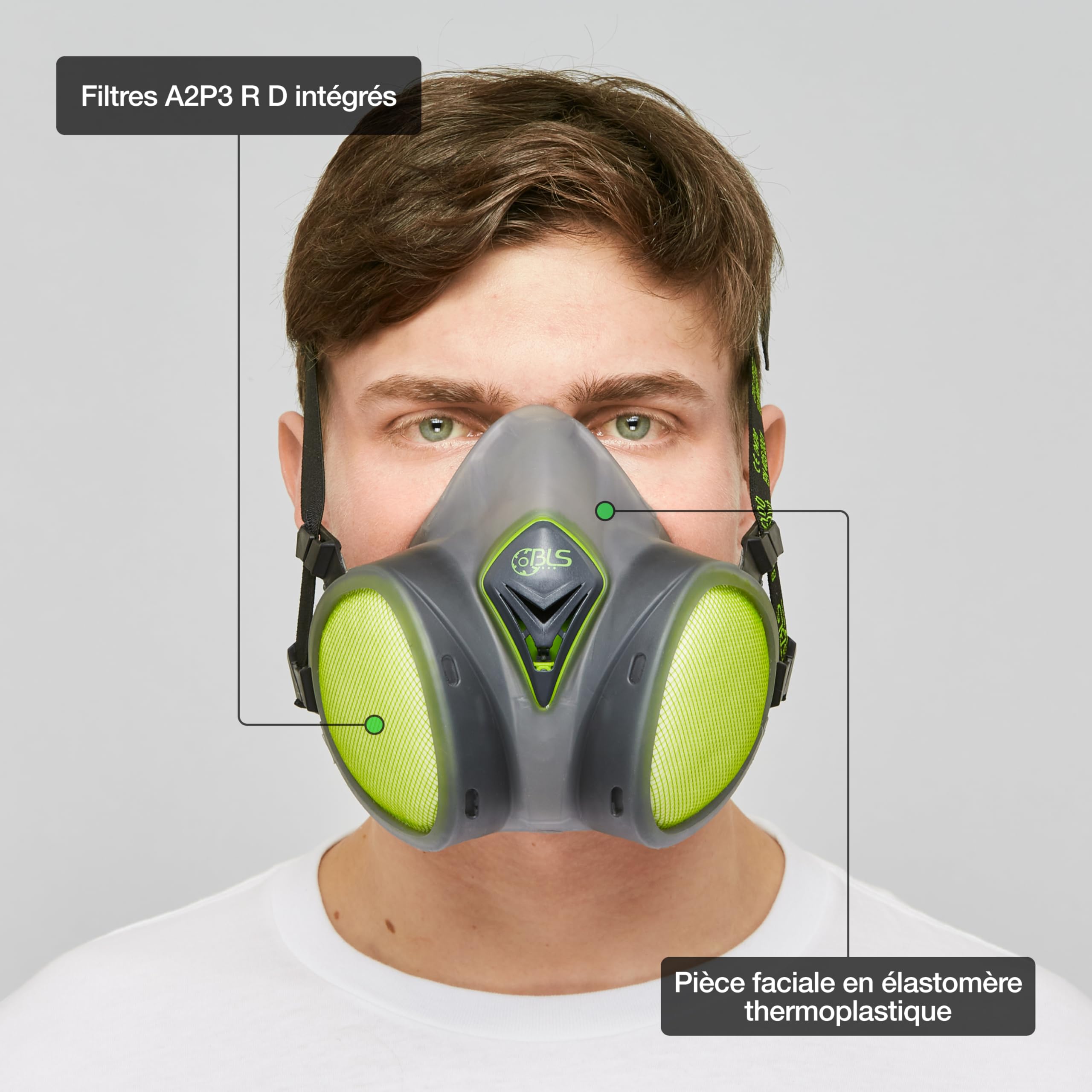 BLS 8600next A2P3 R D Demi-masque de Protection en TPE avec Filtres A2P3 Intégrés, Prêt à l'Emploi et Sans Entretien. Pour Gaz/Vapeurs, Poussières, Mauvaises Odeurs, peinture, Masticage et Solvants