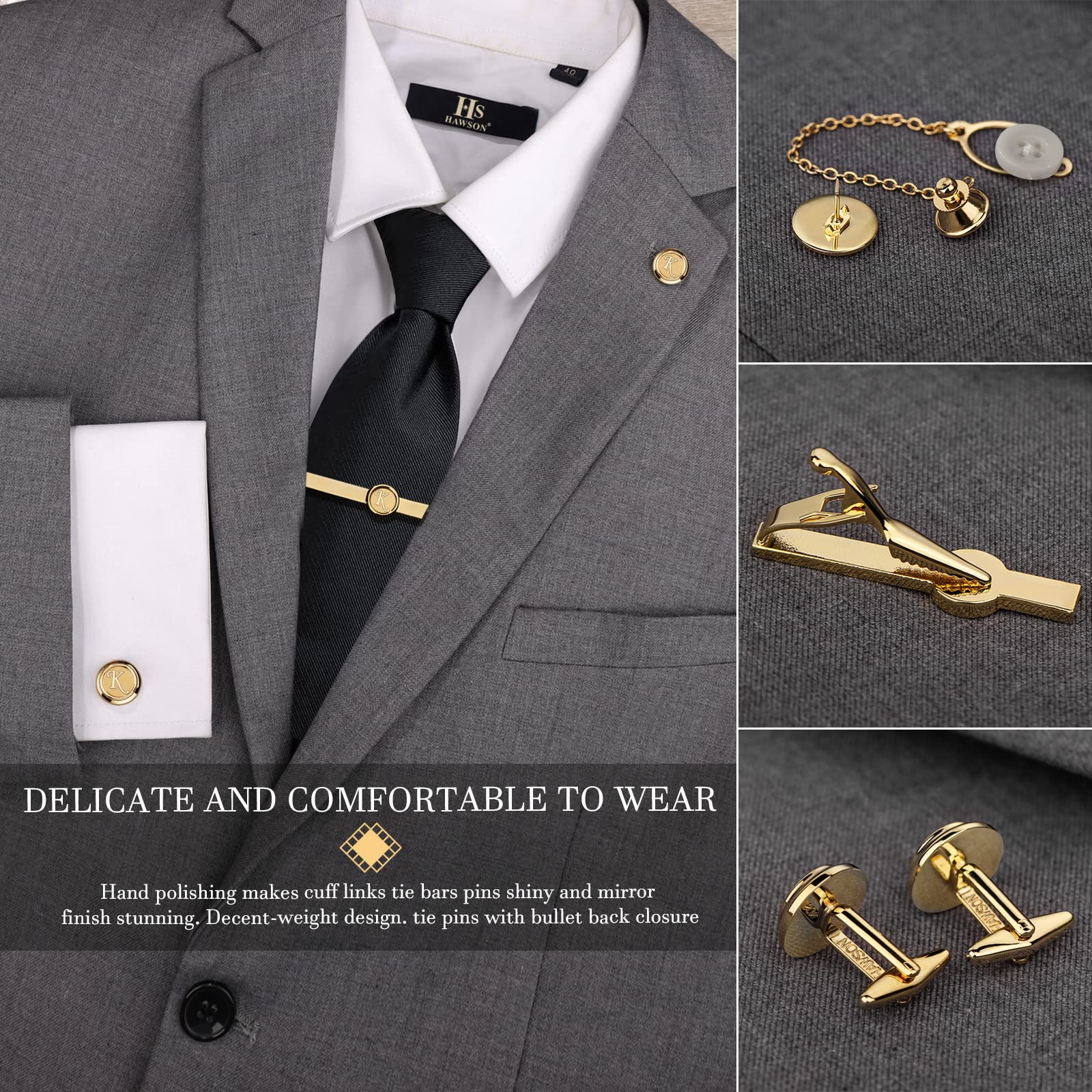 HAWSON Fermacravatta da 5 cm con gemelli e fermacravatta da uomo (A-Z), spille da bavero per abito da uomo, smoking, accessori per cravatta, camicie
