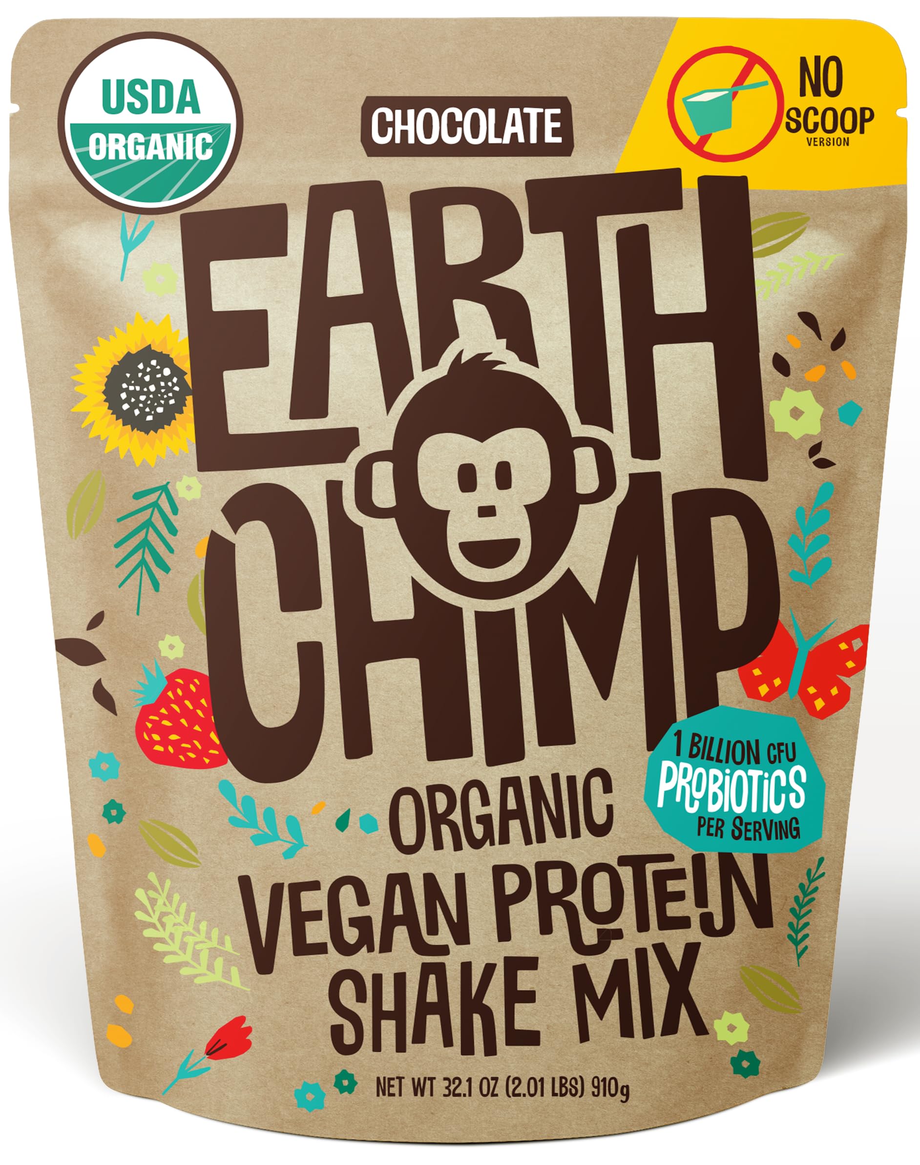 EarthChimp Organic Vegan Protein Powder - with Probiotics - Non GMO, Dairy Free, Non Whey, Plant Based Protein Powder for Women and Men, Gluten Free - 26 Servings 32 Oz (Chocolate) No Scoop