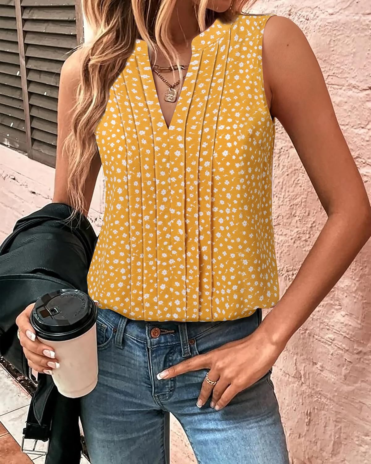 Gaharu Sleeveless Chiffon Tank Tops for Women Dressy V Neck Blouses Work Pleated Shirt - Image 3