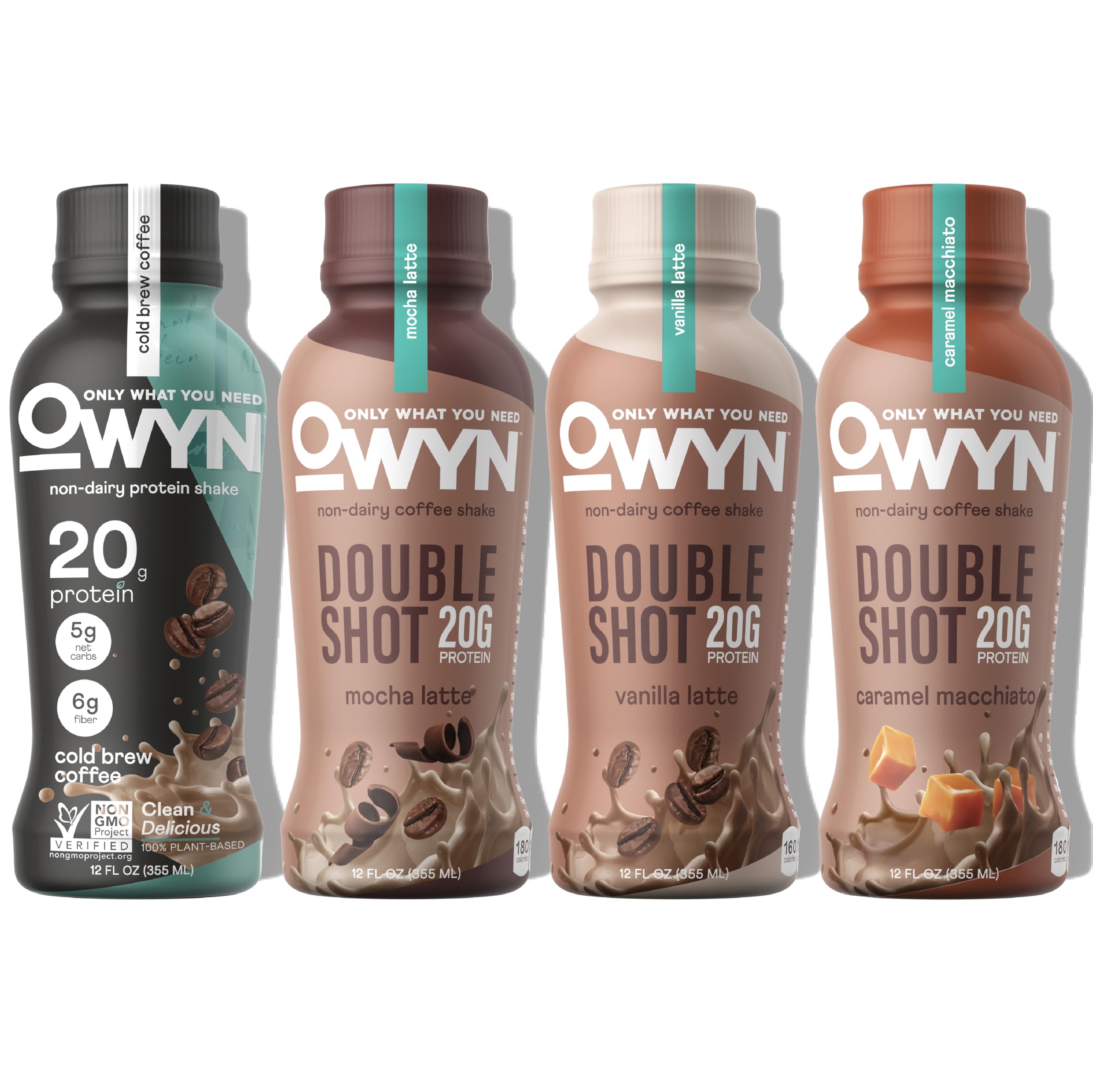 OWYN Only What You Need Dairy Free Protein Coffee Shake, Variety Sampler Pack, Doubleshot + Cold Brew Coffee, 20g plant based protein + Caffeine (12 Pack, 12 Fl Oz Bottles)