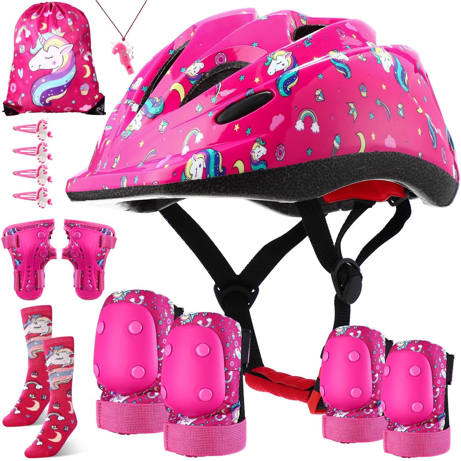 Saysurey 14 Pcs Kids Bike Helmet Knee Pads Knee Elbow Pads for Toddlers 3 to 8 Years Pink Helmet for Girls Wrist Guards with Drawstring Bag Sock Whistle and Hairpin for Skating Cycling(Unicorn)