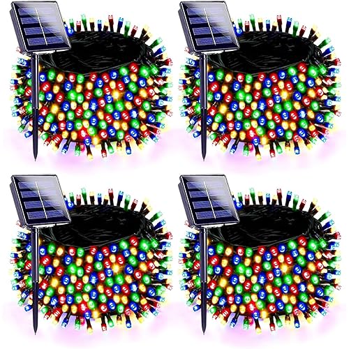 4 Pack 180FT Solar Christmas Lights Outdoor Waterproof, Super Bright 320 LED Solar String Lights with 8 Lighting Modes, Green Wire Solar Twinkle Tree Lights for Outside Xmas Party Yard(Multi-Colored)