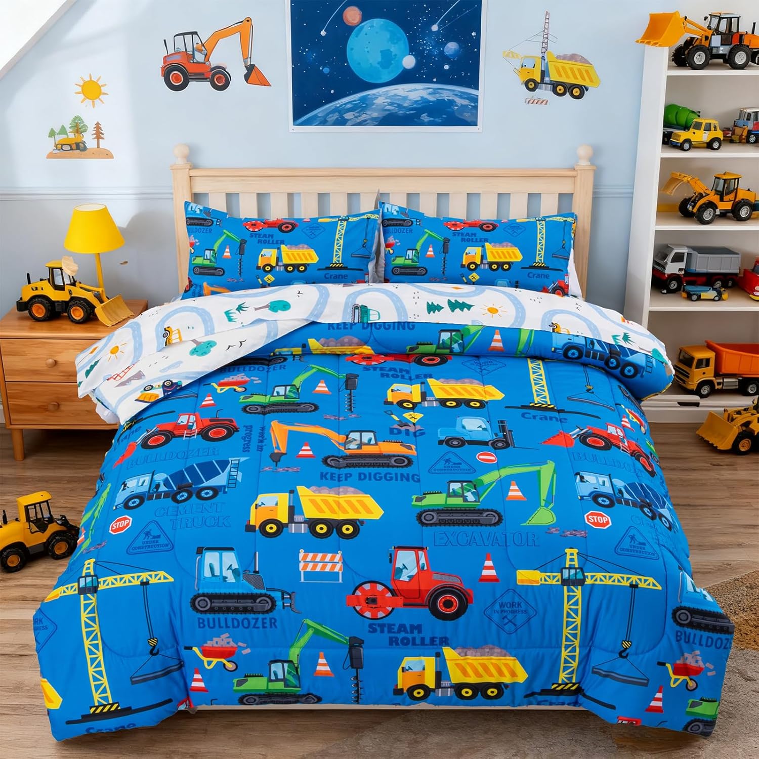 Holawakaka Trucks Excavator Cars Boy Bedding Comforter Set with Sheets, Twin Size Cartoon Construction Car Tractors Print Kids Bed in A Bag 5-Piece, Boys Reversible Dorm Bed Sets (Blue Twin) - Image 3