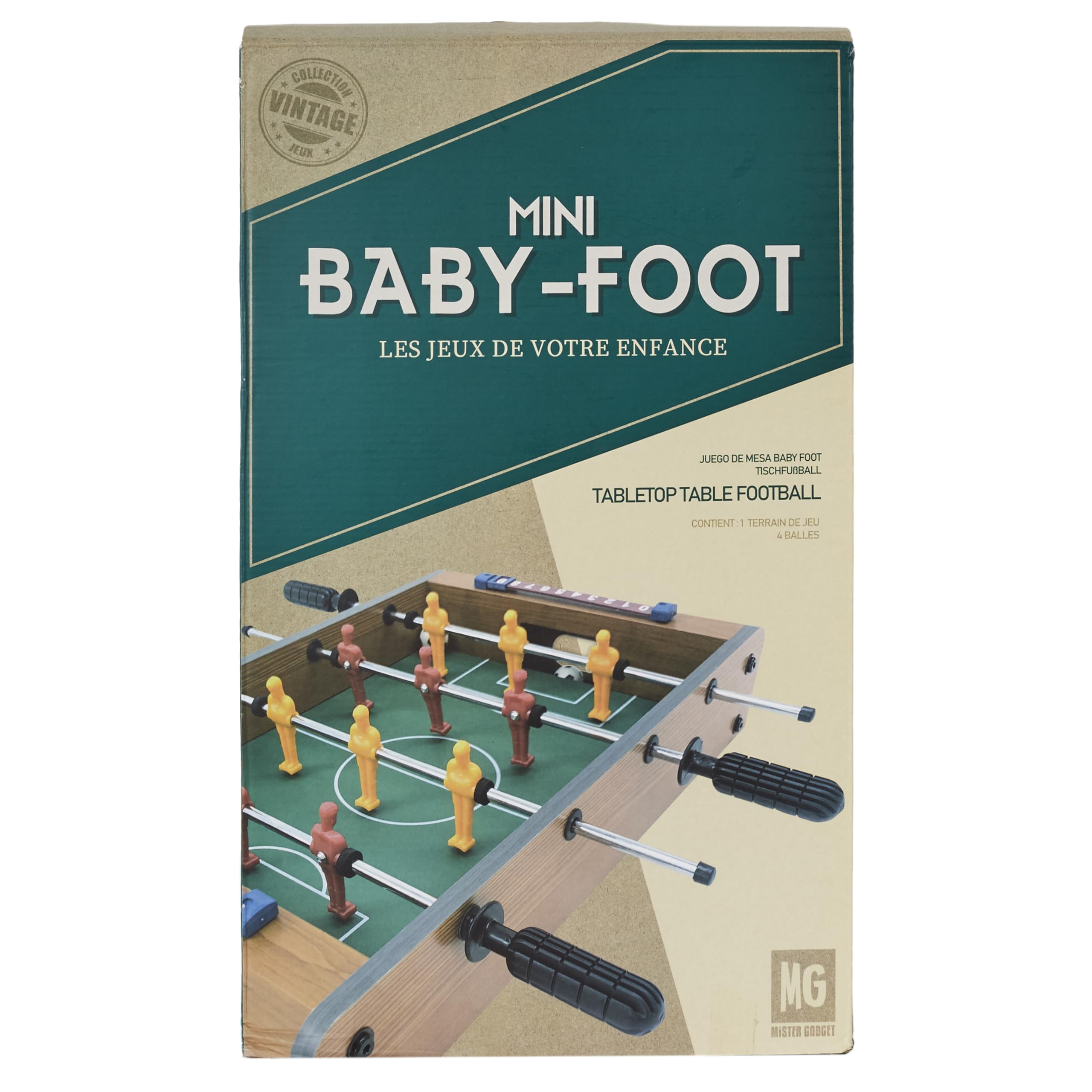 MISTER GADGet - MG2018 Jeu de Table Baby-Foot - Panneaux de Score et 2 Balles - Bois, Métal et Plastique - Transportable - Dimensions 51 x 31 x 10 cm - Couleurs Aléatoires