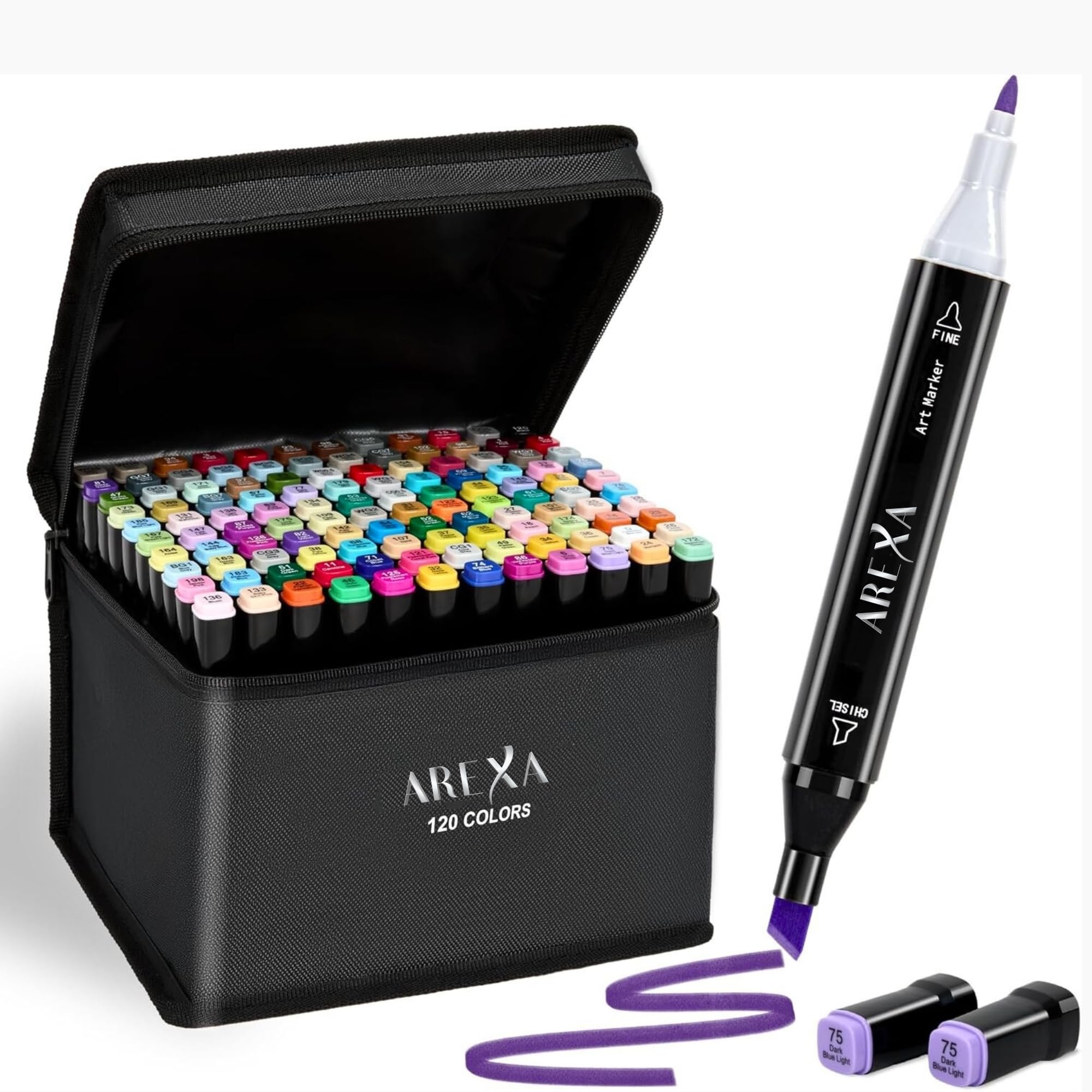 AREXA Markers 120 Colors with Base, Marker Pens Double Tip Drawing for Beginners, Students, Artists, Amateurs, Comics Albums, Coloring