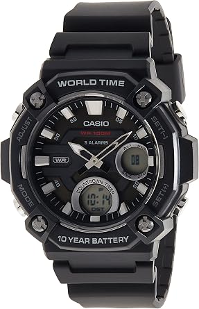 Casio AEQ120W Series | Mens Analog-Digital Watch |100M Water Resistance | Multi Alarms | 100 SEC Stopwatch | Countdown Timer | World Map for World Time | LED Light | LC Display | 10 Yr Batt