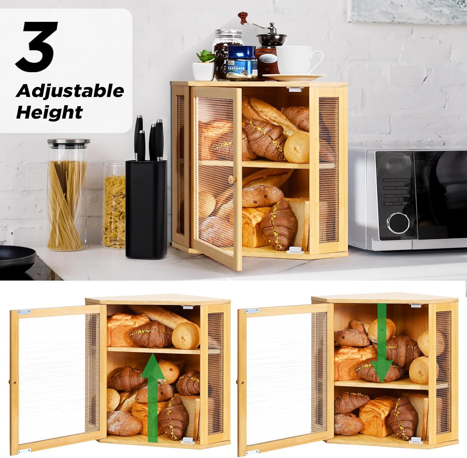 Ollieroo Bread Box,Bamboo Bread Container,Double Layer Large Capacity Storage Bins,Kitchen Countertop Bread Box,Bread Saver with Acrylic Wavy Door Panel,Bamboo,Extra Large