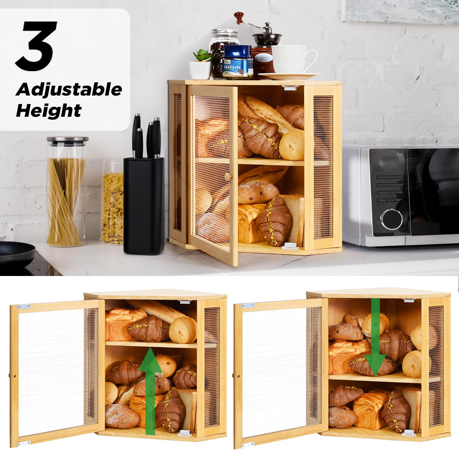 Caja de pan, contenedor de pan de bambú, contenedores de almacenamiento de doble capa de gran capacidad, caja de pan para encimera de cocina, protector de pan con panel de puerta ondulado