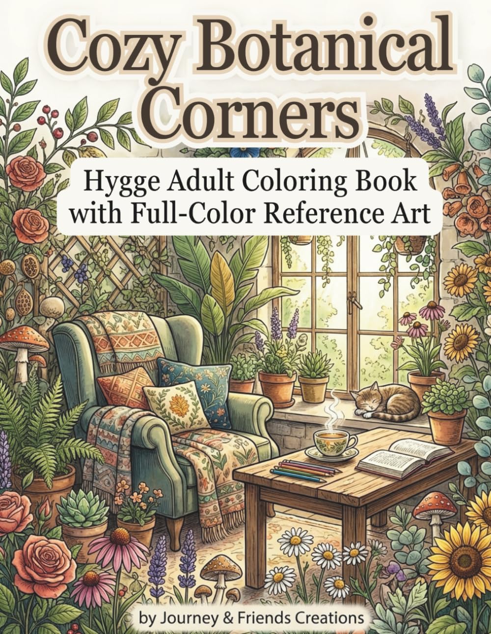Cozy Botanical Corners Hygge Adult Coloring Book with Full-Color Reference Art: Detailed Stress Relief Adult Coloring Book