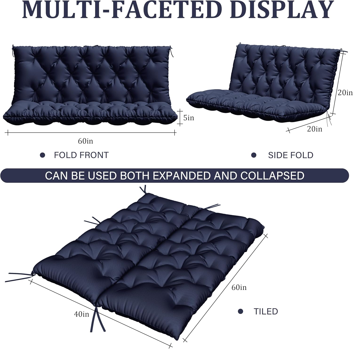 porch swing cushion with backrest,waterproof bench cushion for outdoor furniture,2-3 seater replacement thickened 5 in swing cushion,with ties,patio,outdoor,backyard and garden (navy blue,60x40 in) 60''×40''×5'' navy blue