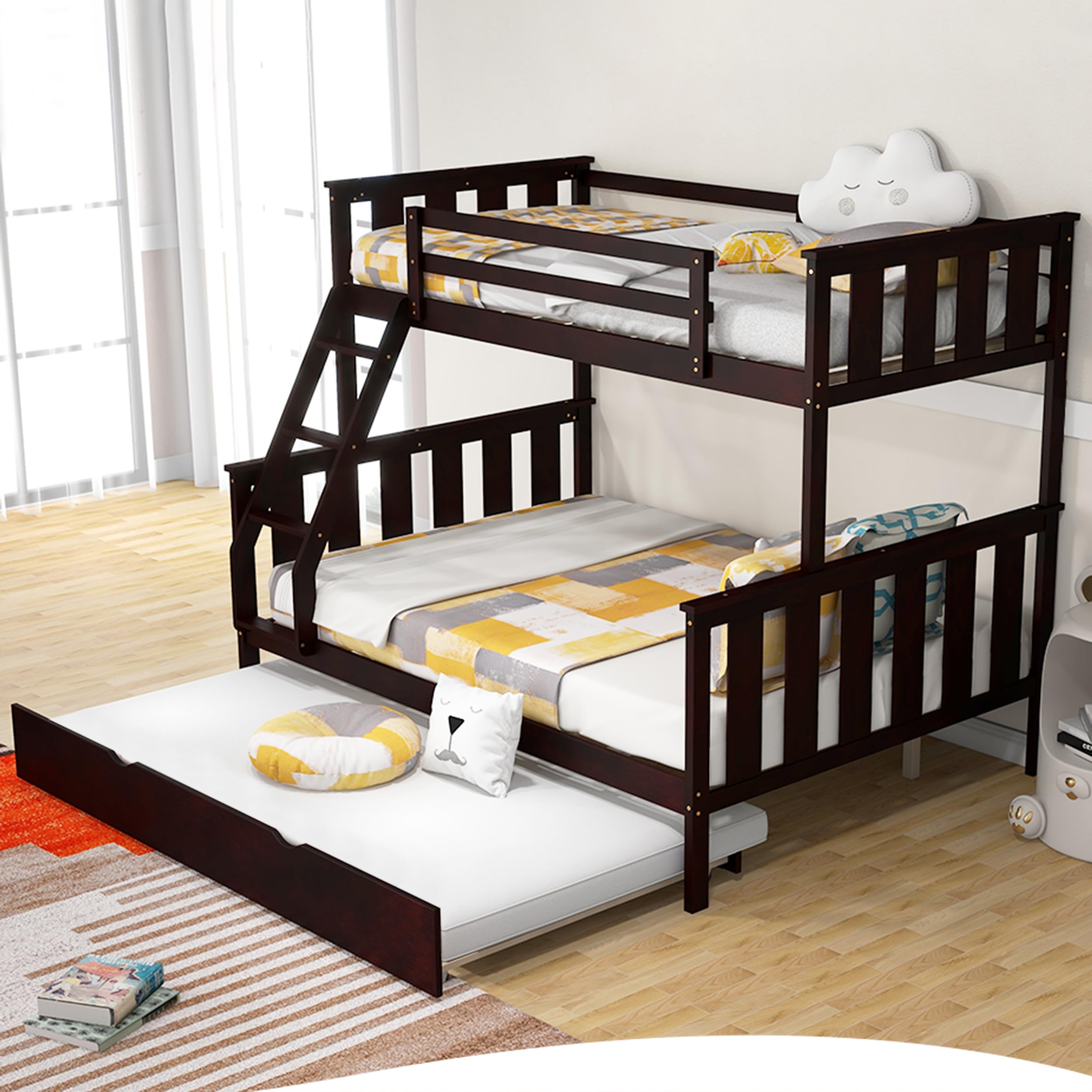 KOMFOTT Espresso Wood Twin Over Full Bunk Bed with Trundle, 250/400 lbs Capacity, Solid Pine Frame, Convertible to 2 Separate Beds, No Box Spring Needed