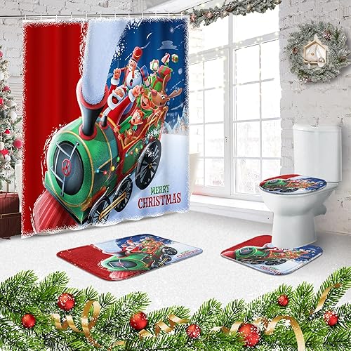 Miniatura 4 de Emvency Juego de cortinas de ducha de Navidad con tapa de inodoro y alfombras antideslizantes, juego de 4 alfombras de baño divertidas de Papá Noel