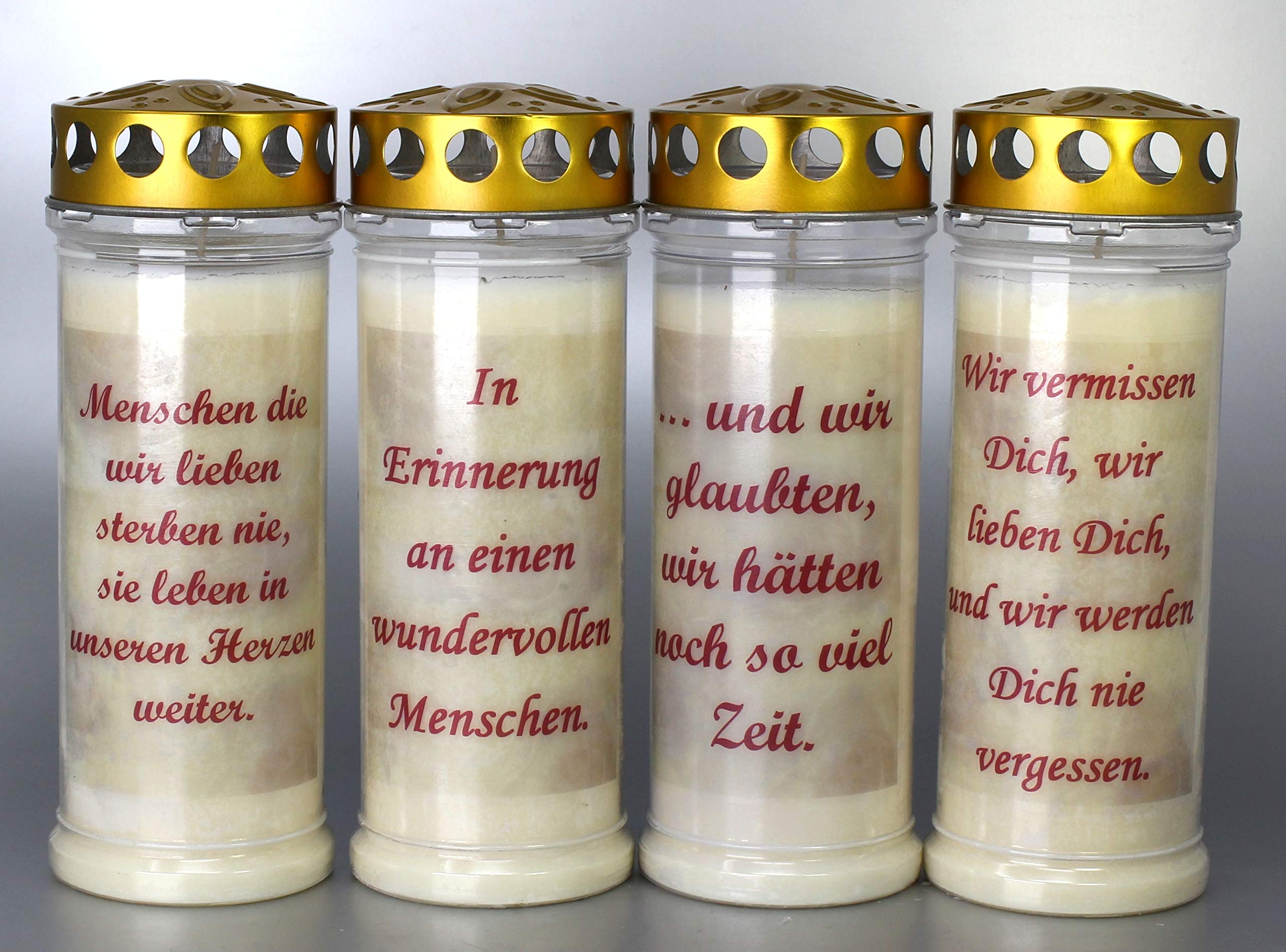 4 Grablichter, Grabkerzen, 4er Set- 21x7,5 cm - 3890-7 Tage Brenndauer je Grablicht – Trauerkerze mit Motiv und Spruch - Motivkerze - Gedenkkerze