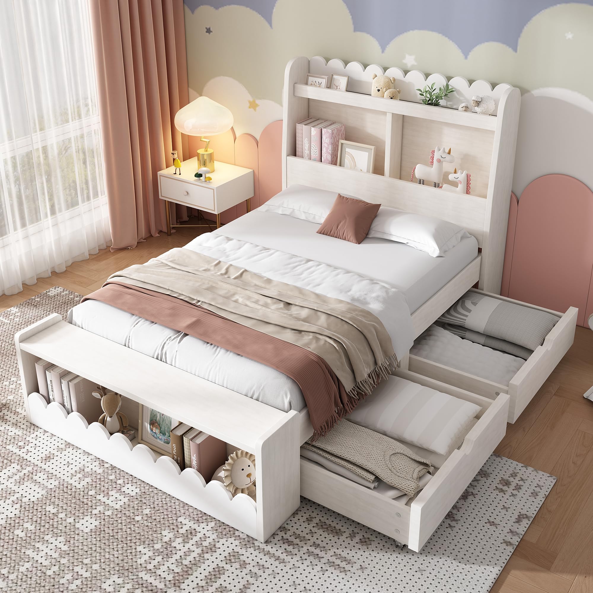 Cama individual de 90 x 190 cm, con cajones, estantería y banco con almacenamiento, cama de madera, marco de cama y somier de madera, color blanco con color roble (sin colchón)