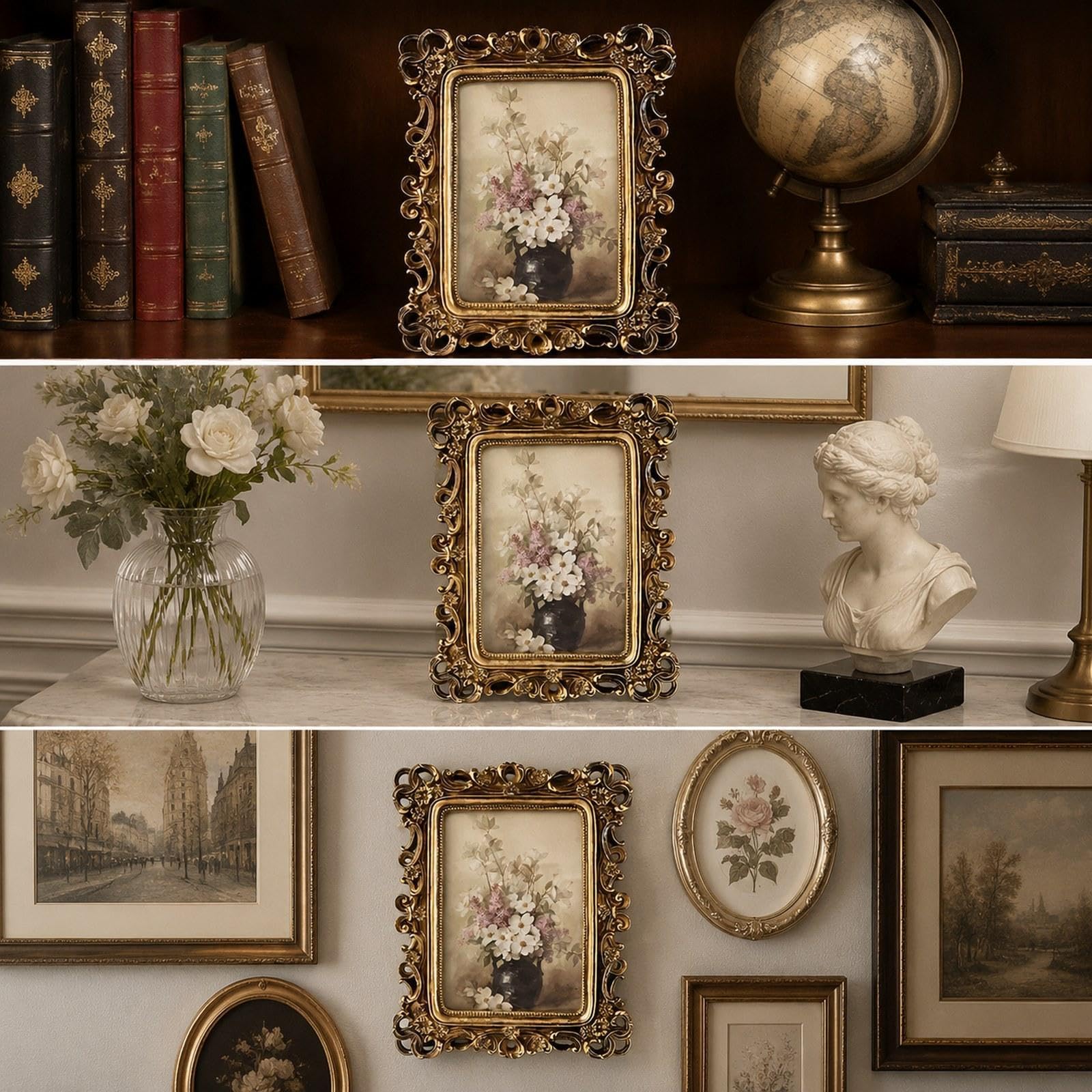 Cornice portafoto da 6 pollici, decorata con resina dorata, ideale da appoggio su tavolo per camera da letto, corridoio, sala da pranzo o ufficio.