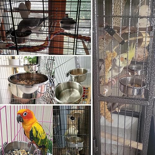 Miniatura 2 de PINVNBY 6 tazas de acero inoxidable para alimentación de pájaros, comedero de loros, cuencos de agua con soporte de abrazadera, 6 cucharas para