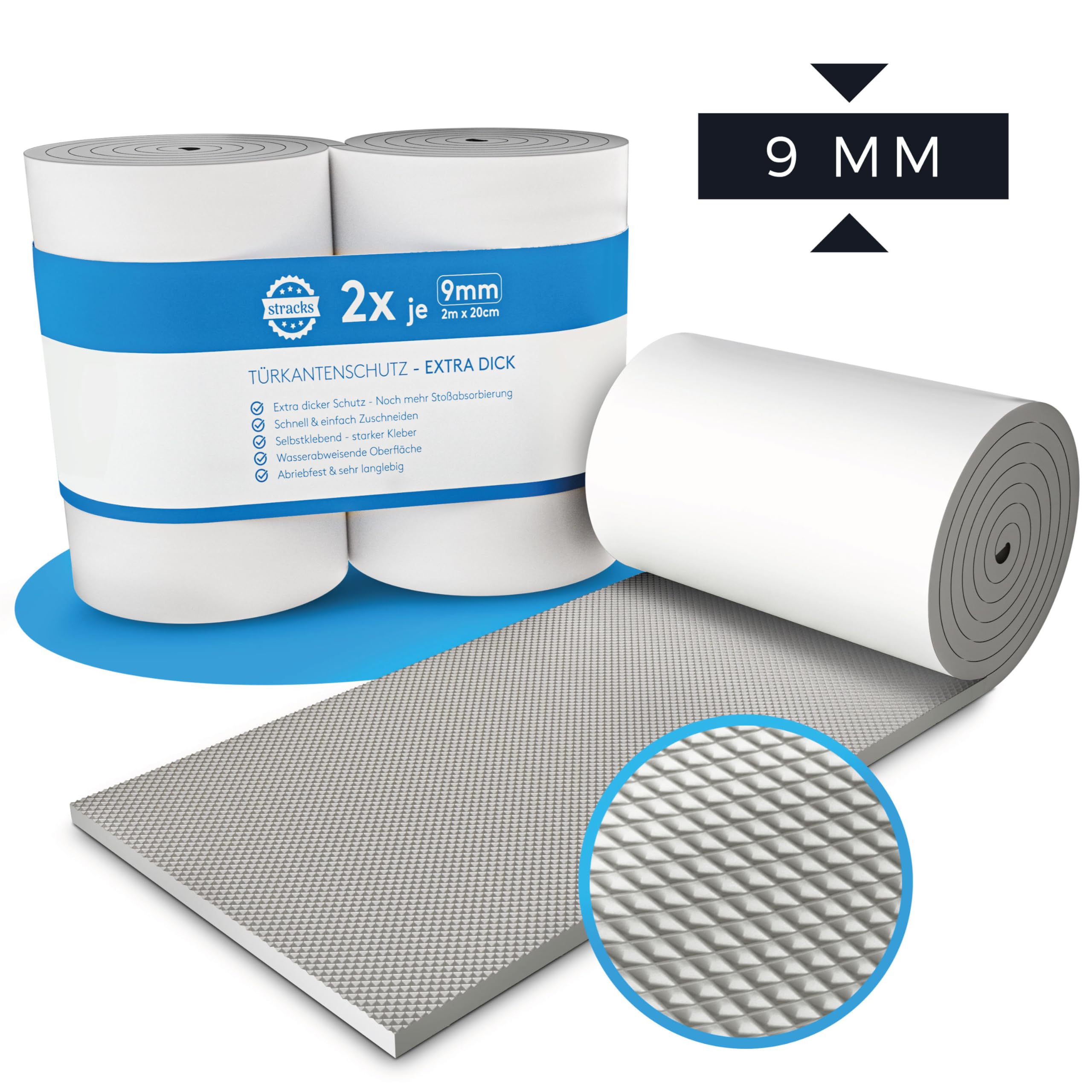 STRACKS 2 protezioni da parete per garage da 2 m x 20 cm – 9 mm di spessore extra – per la vostra auto e la parete del garage – Protezione autoadesiva per bordi della porta – 2 ruote – grigio