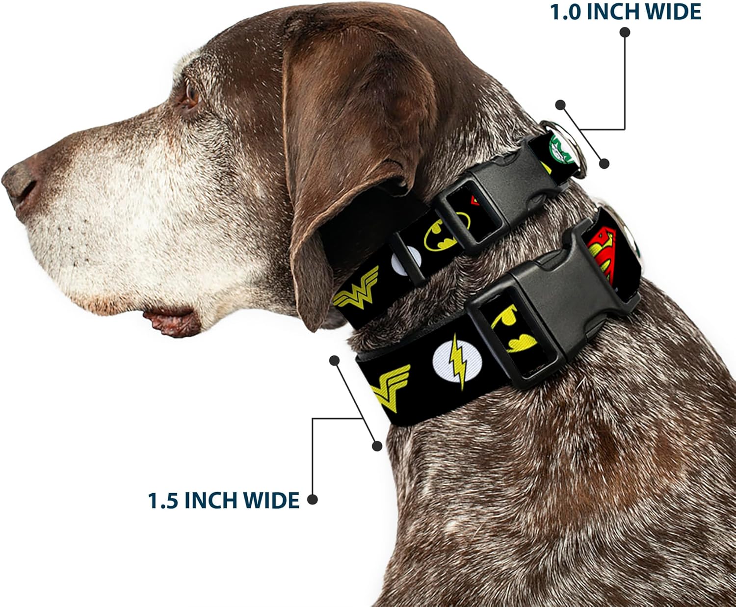 Dog Collar Plastic Clip Justice League 6 Superhero Logos Black 16 to 23 Inches 1.5 Inch Wide