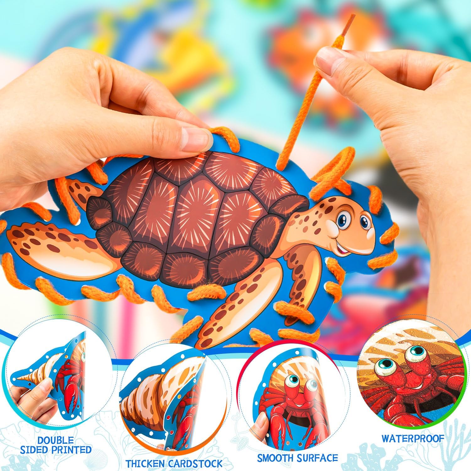ZAUGONTW 12 Pcs Lacing Cards for Kids, Sea Animals Sewing Cards with 12 Colorful Laces, Thicken Double Sided Lacing Playing Games for Children Developing Imagination Education Supplies