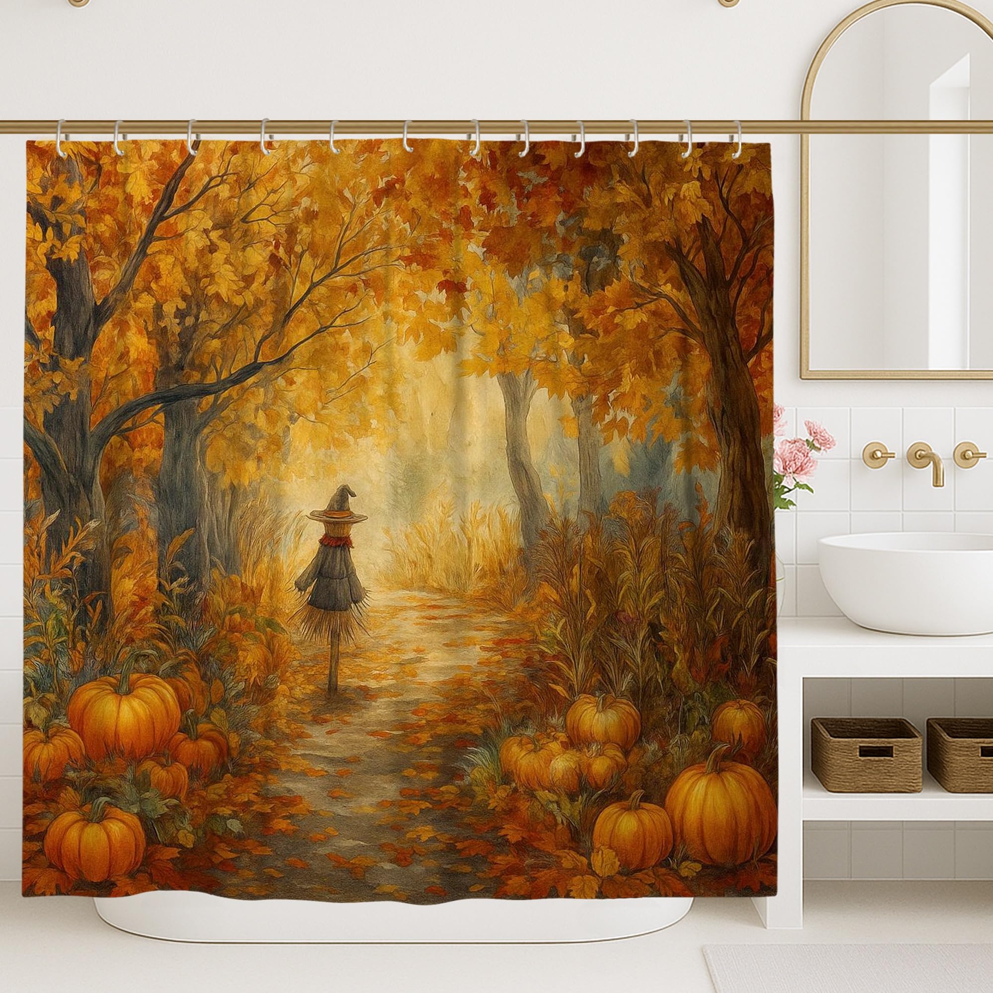 Rideau de douche épouvantail d'automne 183x213 cm orange imperméable pour salle de bain