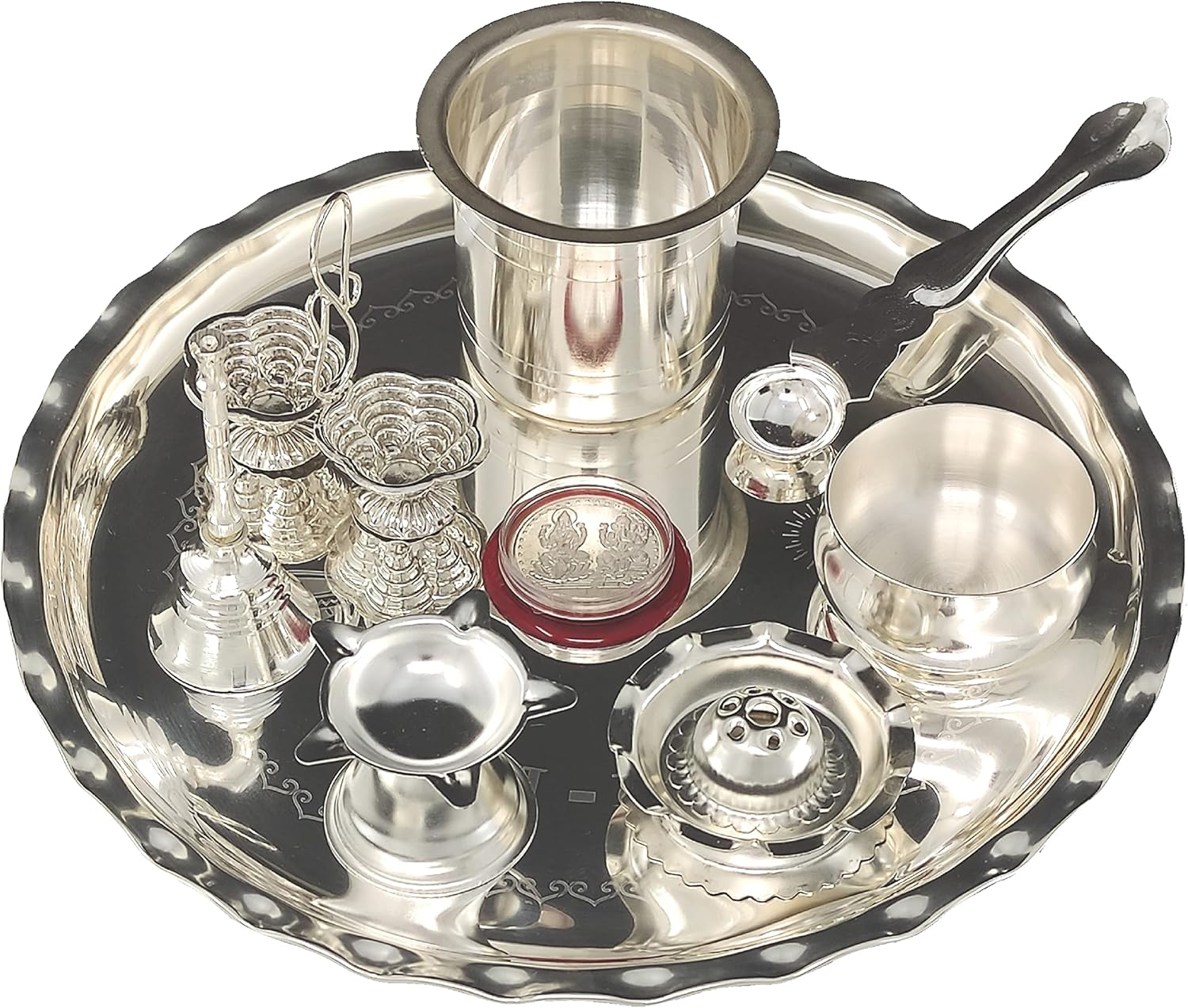 NOBILITY Silver Plated Pooja Thali Set 9.5 Inch with Plate Diya Haldi Kumkum Stand Panchapatra Palli Bowl Dhup Dan Ghanti Puja Thali for Home Mandir Office Diwali Wedding Return Gift Items