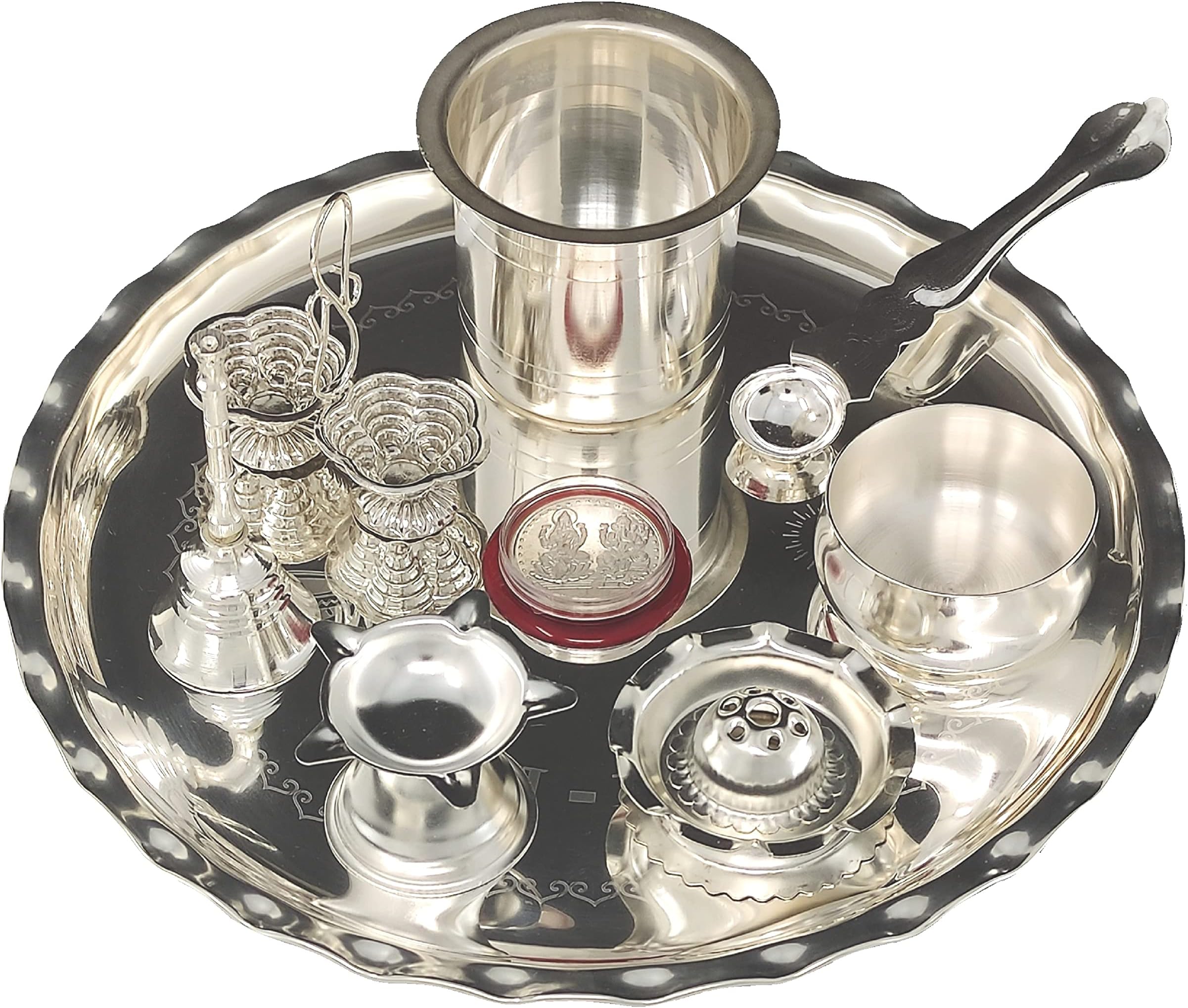 Silver Plated Pooja thali Set 9.5 Inch with Plate Diya Haldi Kumkum Stand Panchapatra Palli Bowl Dhup Dan Ghanti Puja Thali for Home Mandir Office Diwali Wedding Return Gift Items